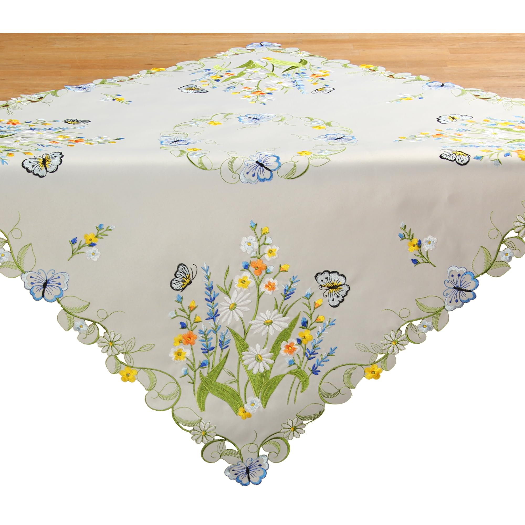 Frühlingsdeko: Weiße Tischdecke Mit Gestickten Tulpen & Schmetterlingen – Ca. 35x70 Cm