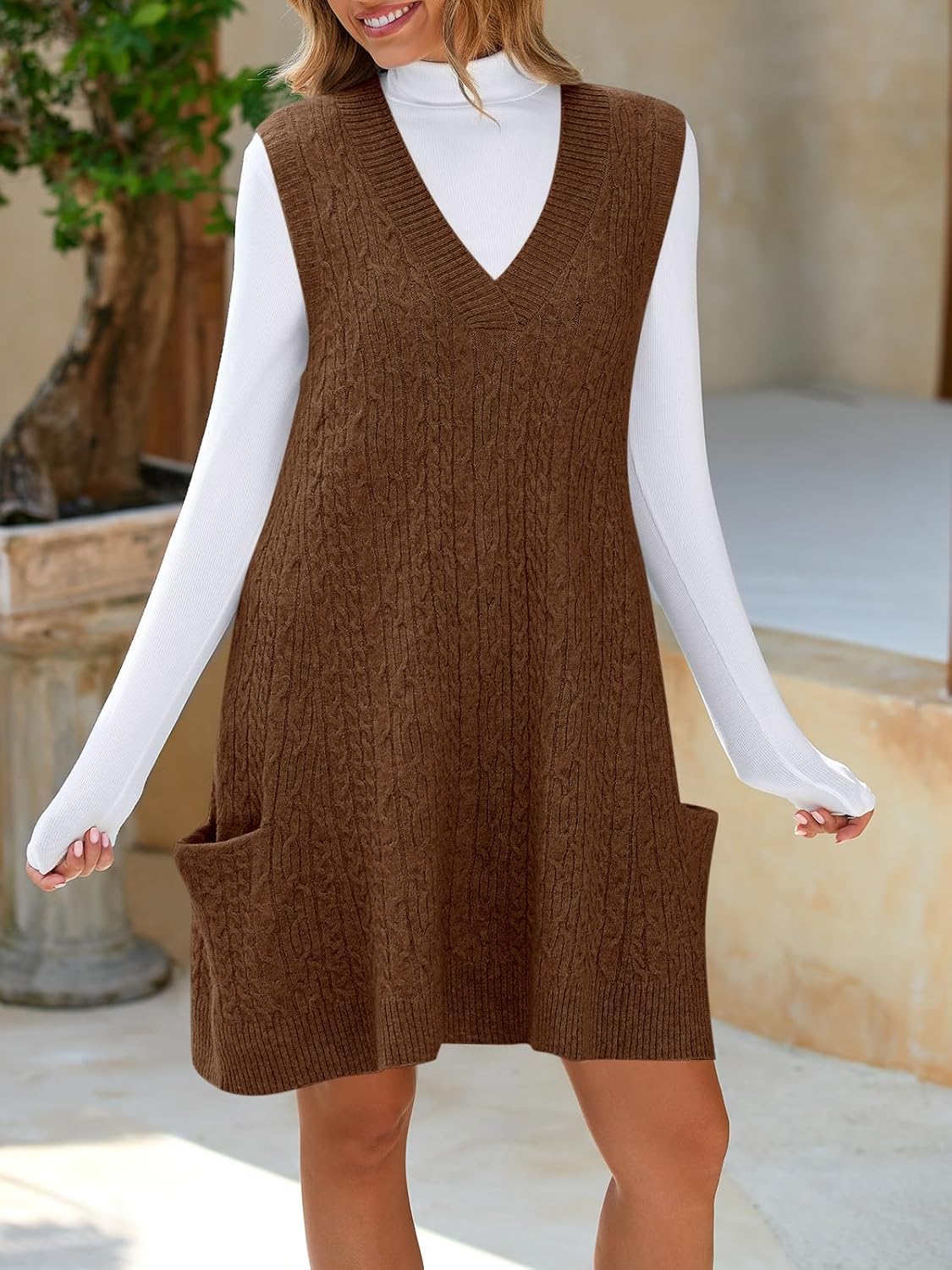 Cicy Bell Womens Oversized Sweater Vest Dress V Neck Sleeveless Fall Trendy Casual Knit Cable Mini Dresses - Image 5