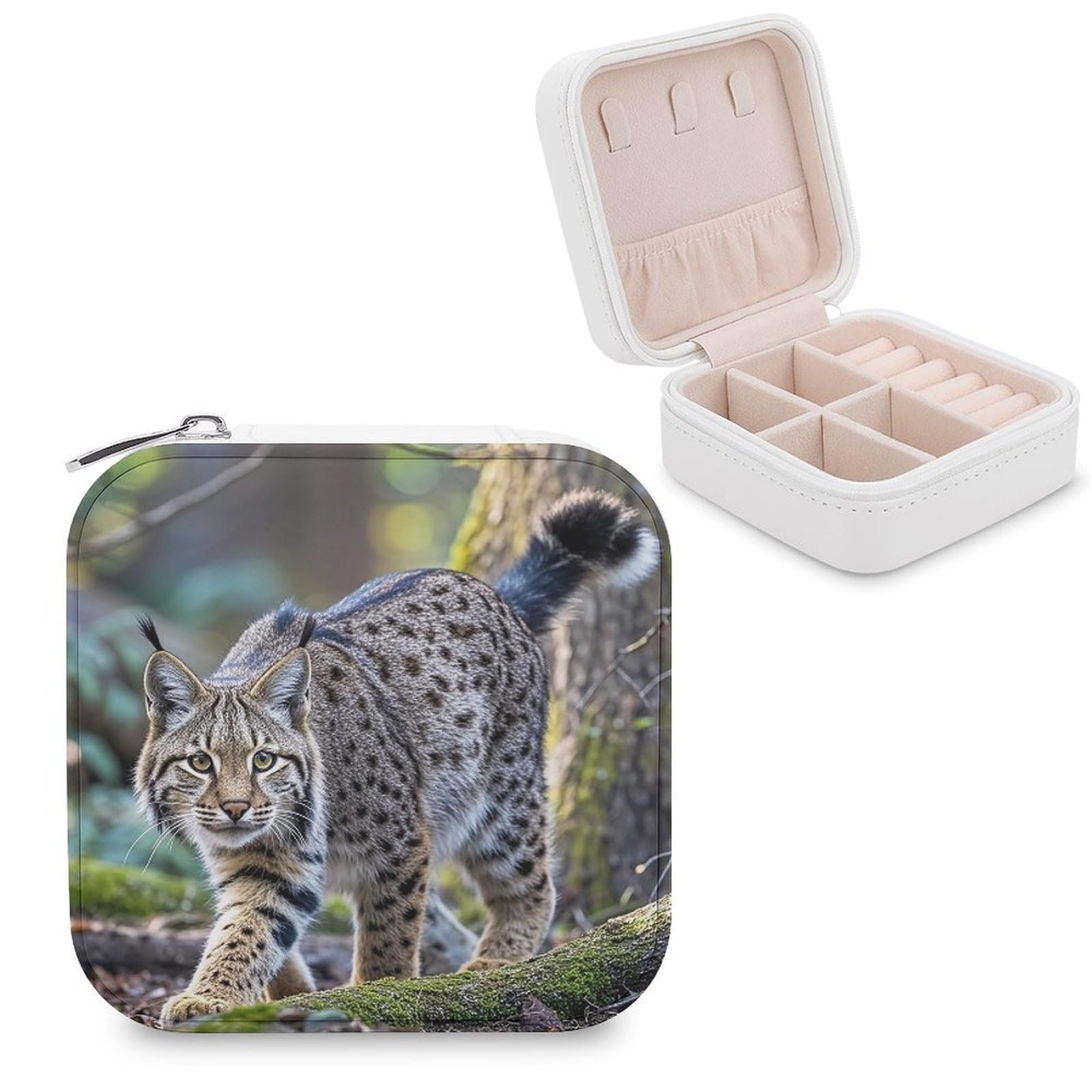 FekiLoot Wild Bobcat Travel Jewelry Box Small Jewelry Organizer Storage Case Portable PU Leather Mini Jewellry Travel Case Necklace Ring Storage Organizer Gift for Women
