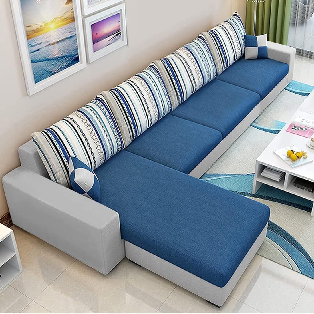 CASASTYLE Adona 5 Seater LHS L Shape Fabric Sofa Set (Blue-Grey)