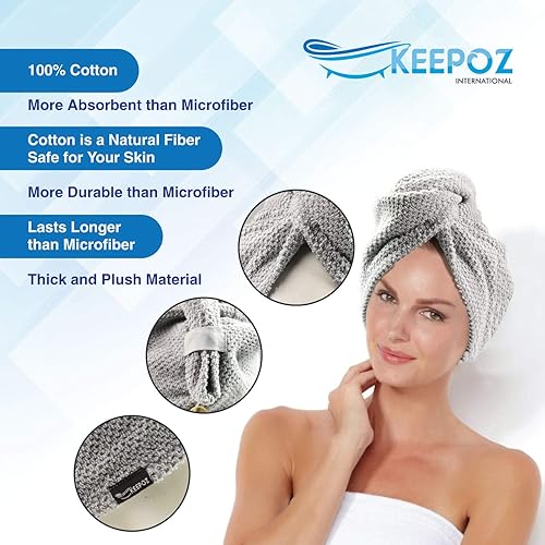 Miniatura 3 de KEEPOZ Toalla para el cabello de secado rápido, 100% algodón, súper absorbente, turbante para la cabeza para mujeres con botón, sin microfibra,