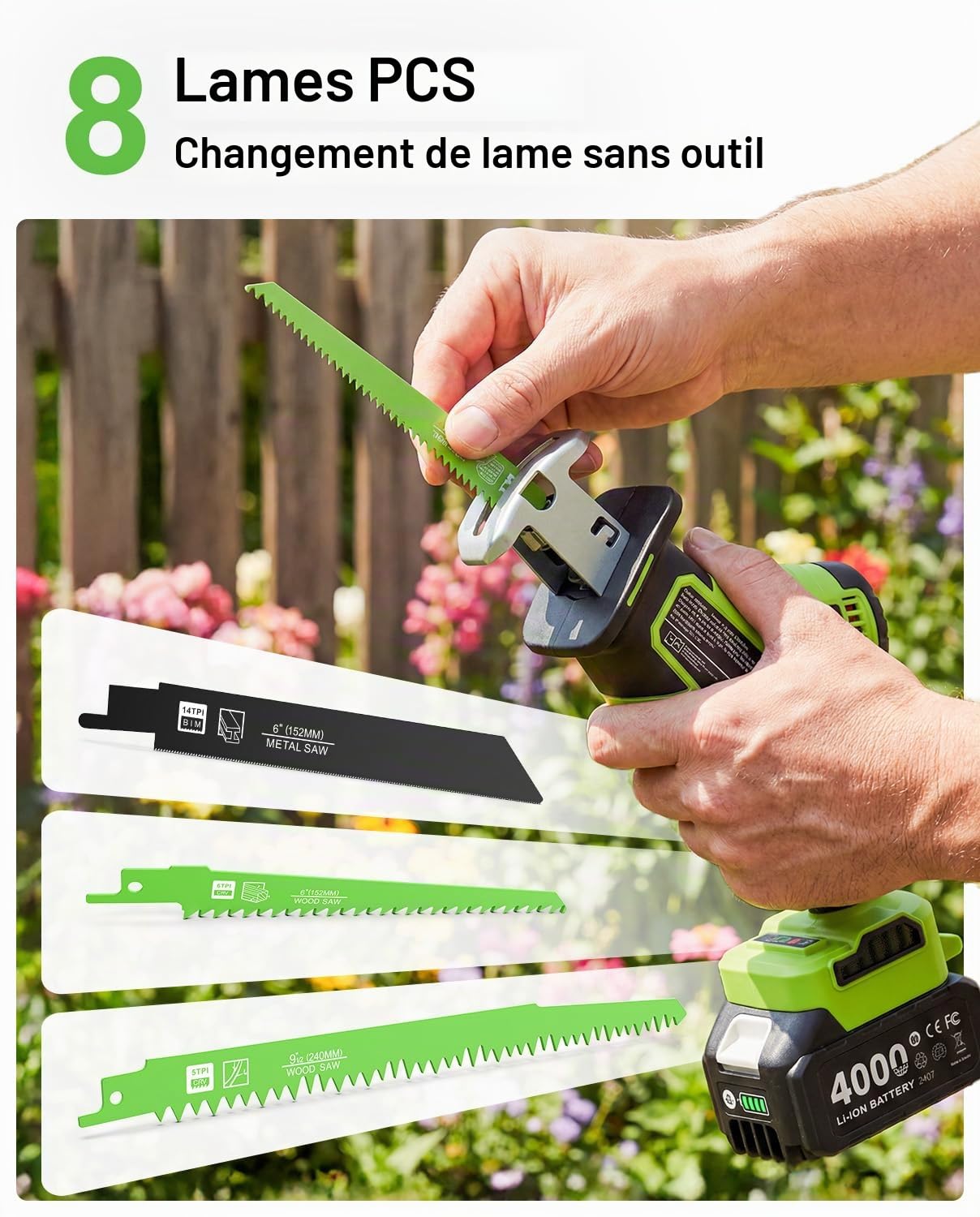 TaskStar Scie Sabre Sans Fil, 3500 SPM Moteur Brushless Scie Sabre à Batterie, 2 batteries de 4,0 Ah, 8 lames à changement rapide, éclairage LED, idéal pour la découpe du bois, du PVC et du métal