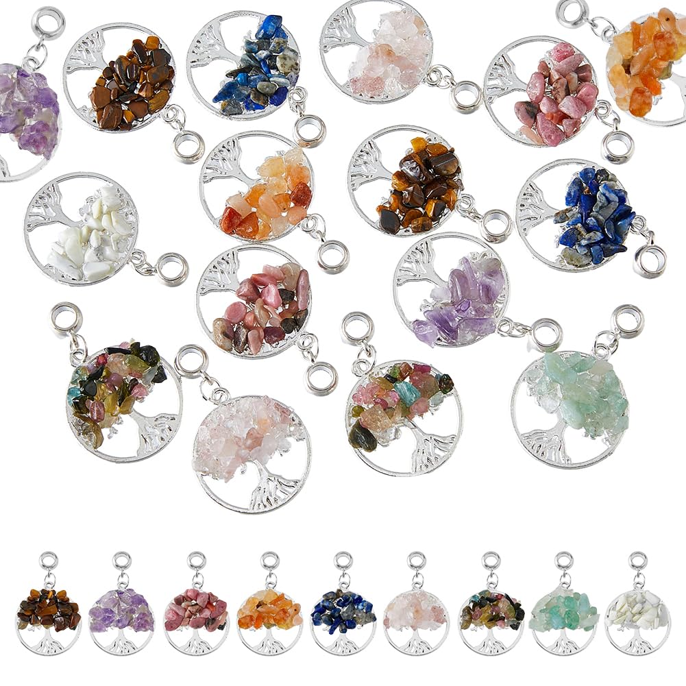 SUPERFINDINGS 36Pcs Tree of Life Pendants, 9 Colors Natural Stone Chakra Crystal Gemstone Charms for Earring Bracelet