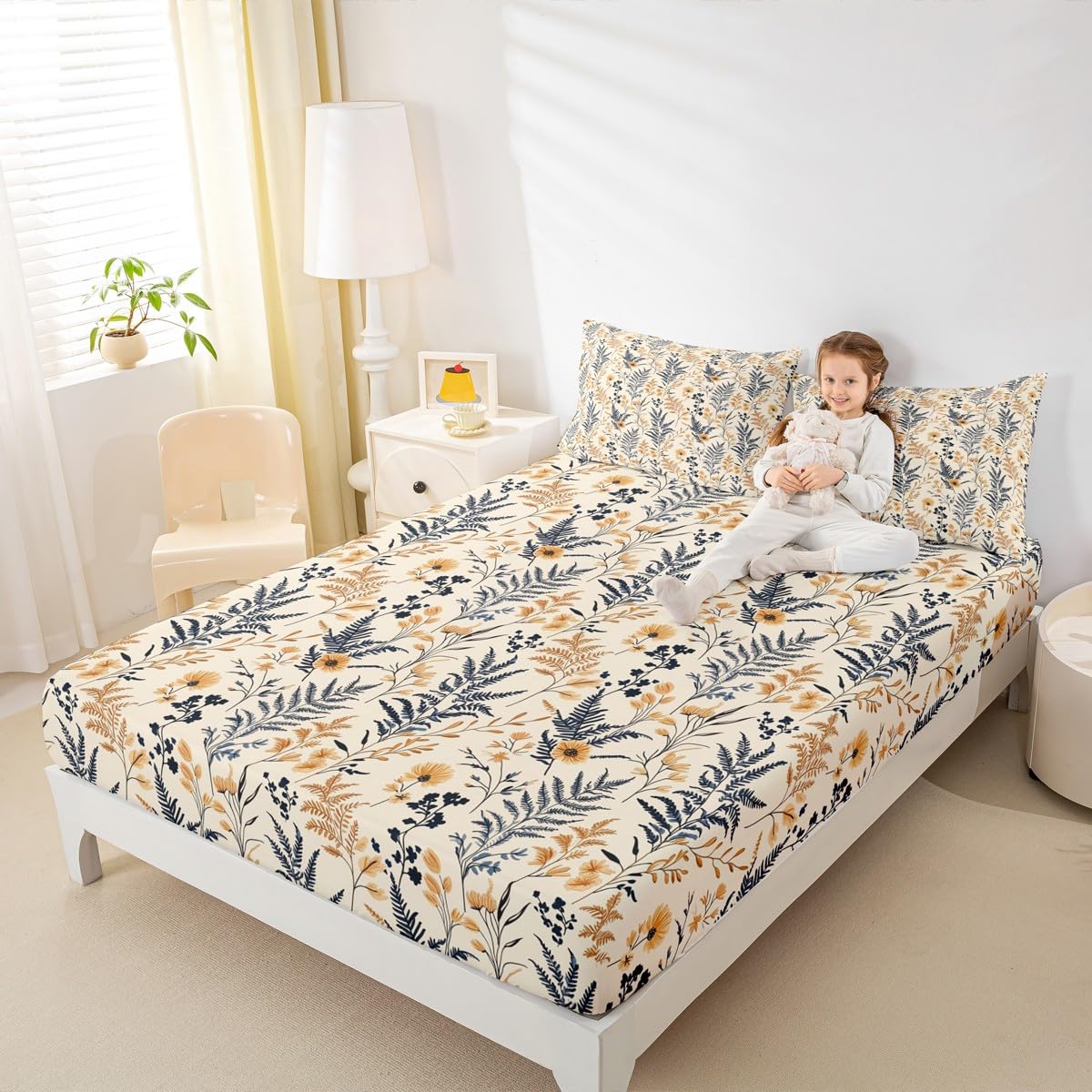 Homewish Juego de ropa de cama floral bohemio tamaño King, sábana bajera ajustable con diseño bohemio para niños, adolescentes y niñas, funda de cama rústica de 3 piezas