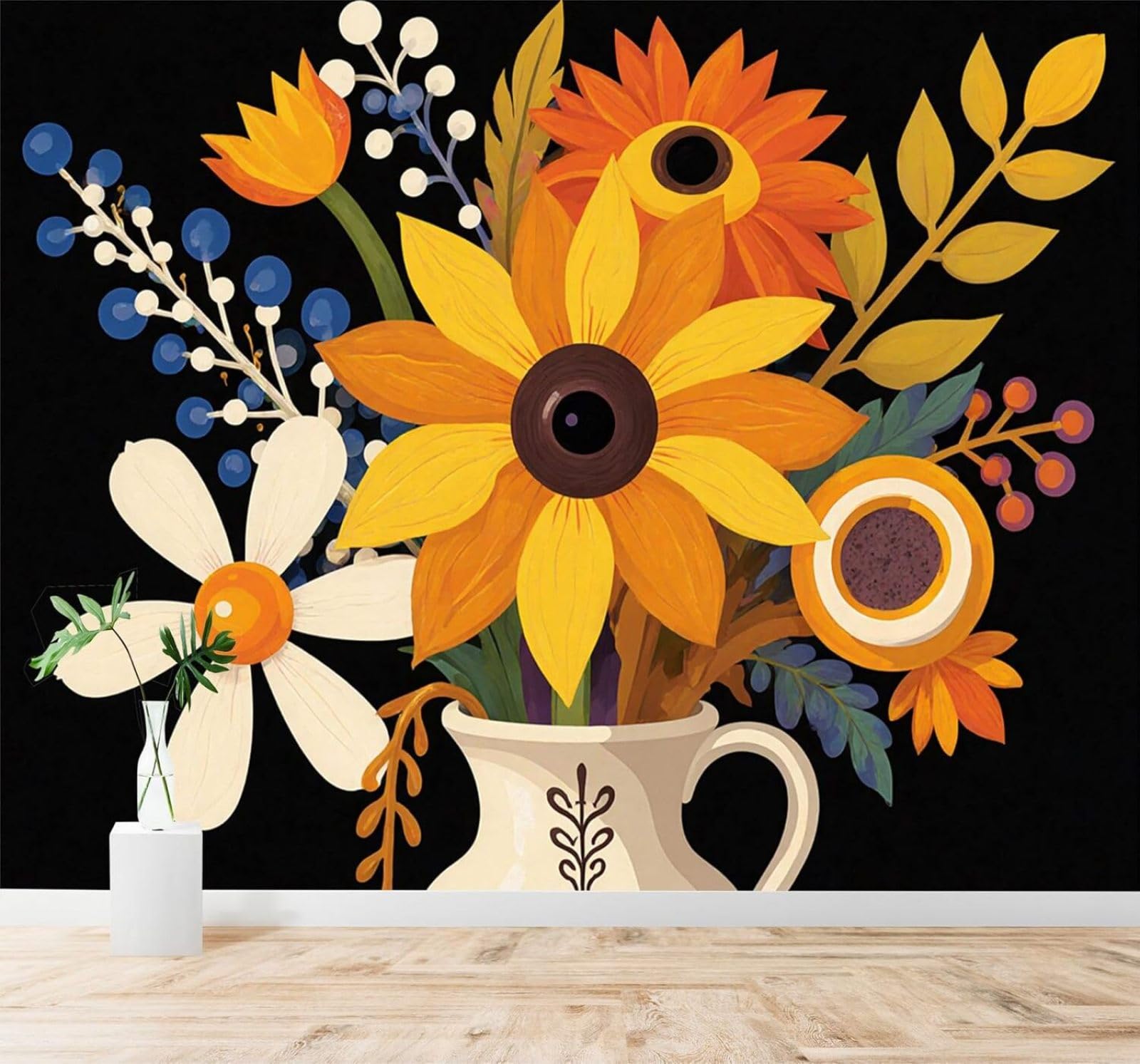 XLMING Colourful Sunflowers Vase Leaves Berries 3D Wallpaper Silky Texture Home Study Office Grey Dining Room Sofa Bedroom Living Room TV Backdrop-250cm×170cm