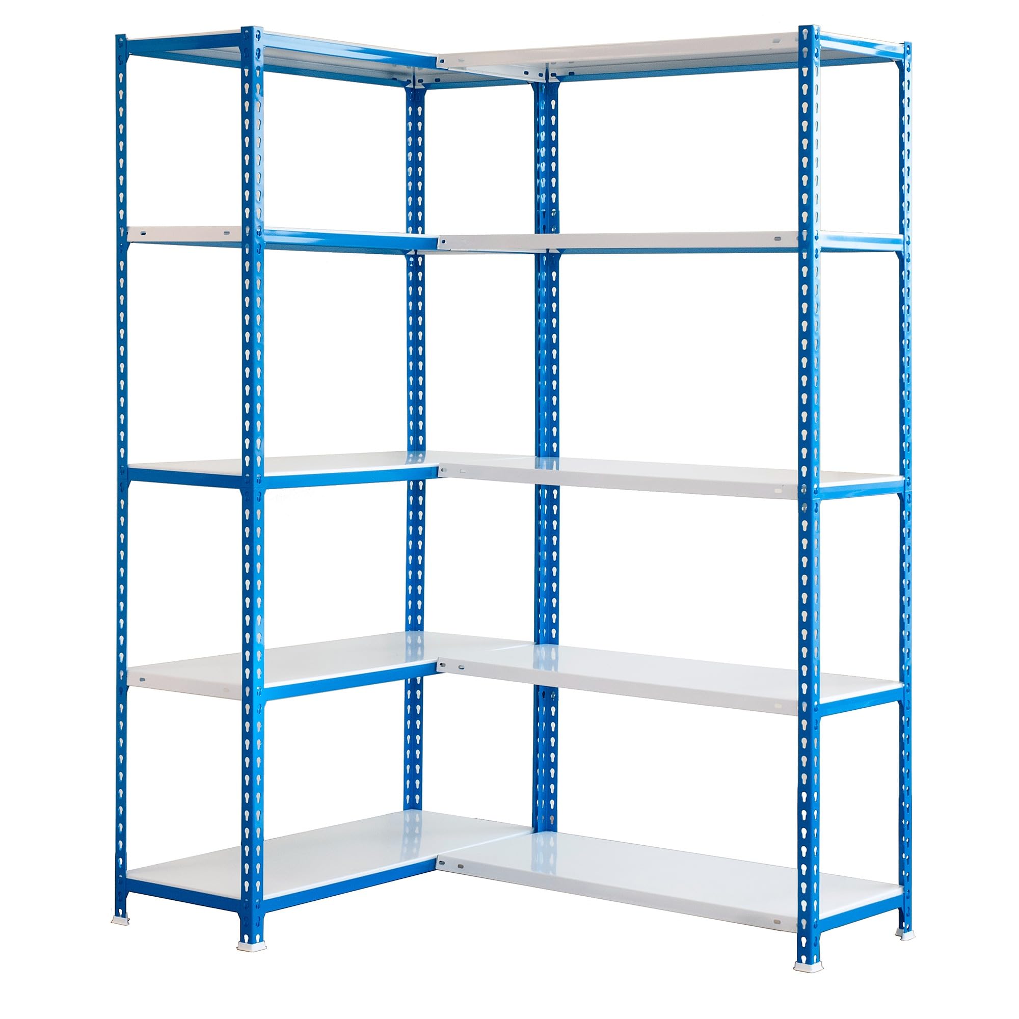 Simon Rack Estantería Metálica Esquina Almacenaje, Sin Tornillos, 10 Baldas, Alta Capacidad Carga 80 kg, 2000x1400x400 mm, Estantería Garaje Trastero Oficina, Azul/Blanco