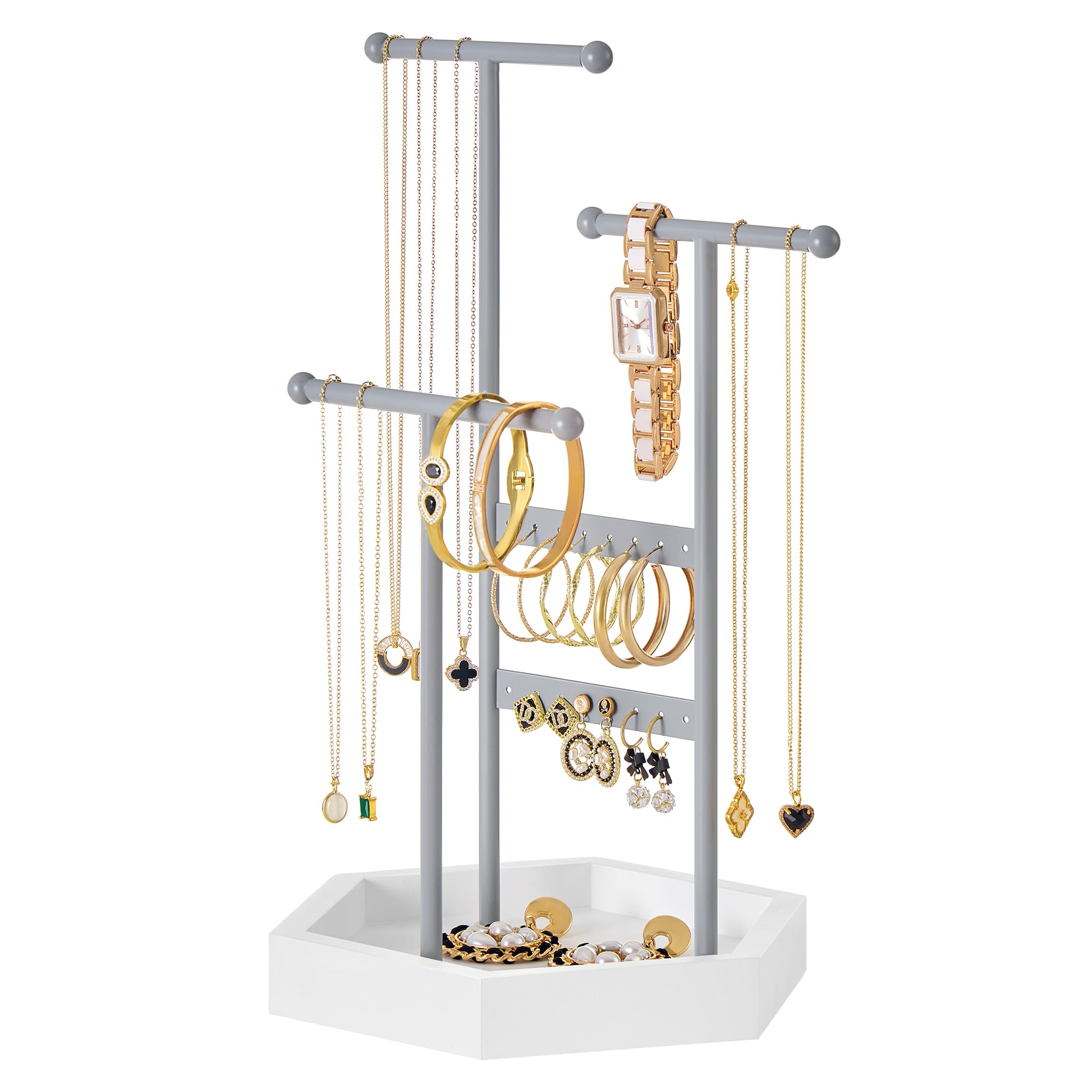 SONGMICS Jewelry Holder, Jewelry Organizer, 3 Tiers and 1 Tray, Jewelry Display Stand with Metal Frame, Necklace Earring Bracelet Holder, for Rings, Christmas Gift, Dove Gray and Cloud White