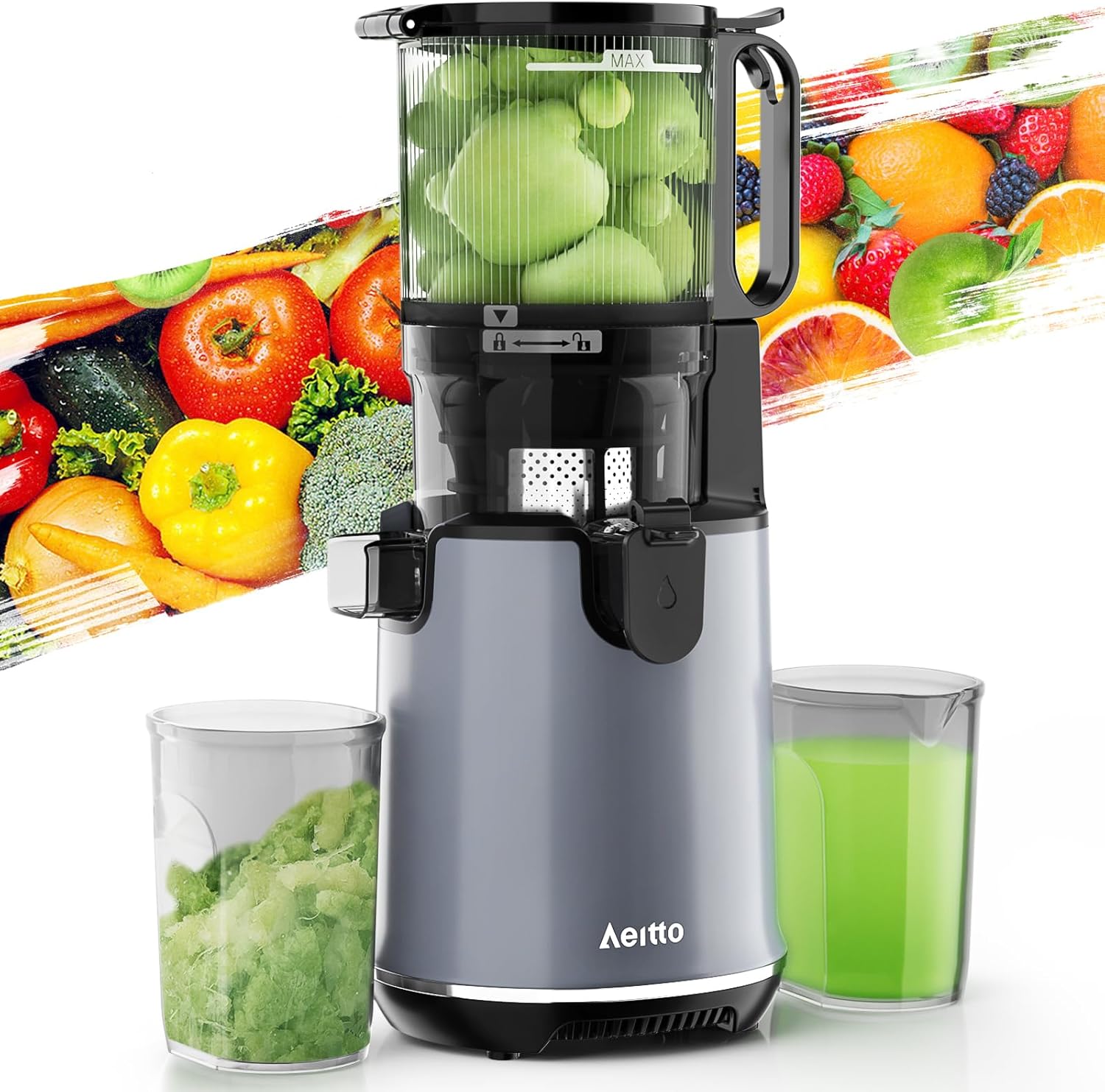 Aeitto Juicer Machines, 5.3" Extra Large Feed Chute Cold Press Juicer, Fit Whole Vegetables & Fruits, Easy to Clean, High Juice Yield,Slow Masticating Juice Extractor,Self Feeding