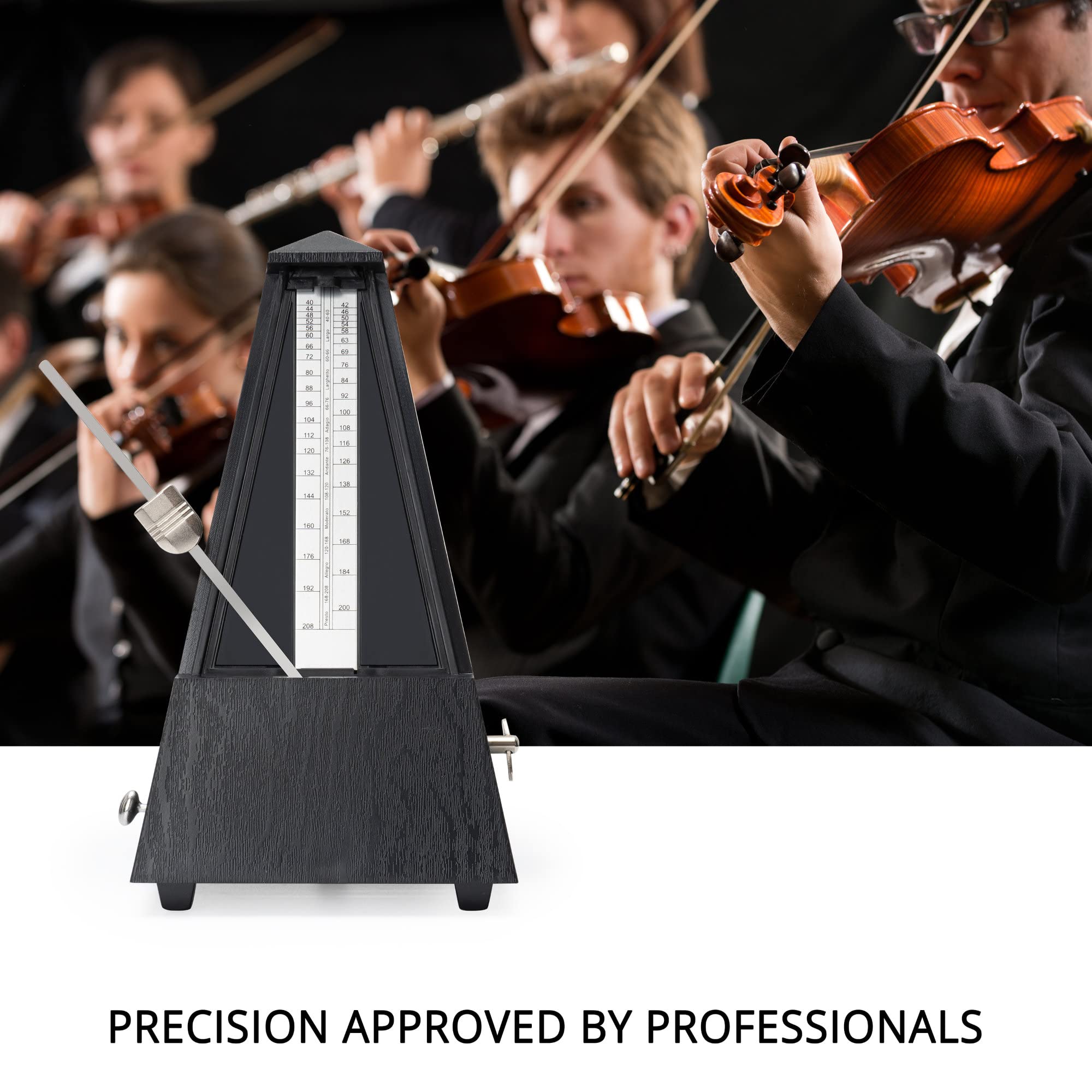 M-03G Metronom Mechanischer Taktgeber Pyramidenform 40-208 Schläge pro Minute 4 Taktarten Robustes Kunststoffgehäuse Schwarz Holzmaserung