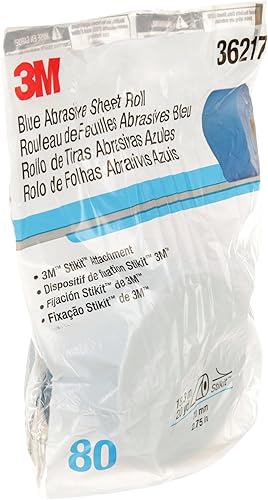Miniatura 12 de 3M Stikit 36217 - Rollo de hoja abrasiva azul, sin agujero, 2.75 pulgadas x 20 yardas, grado 80+, papel de lija automotriz para eliminación de