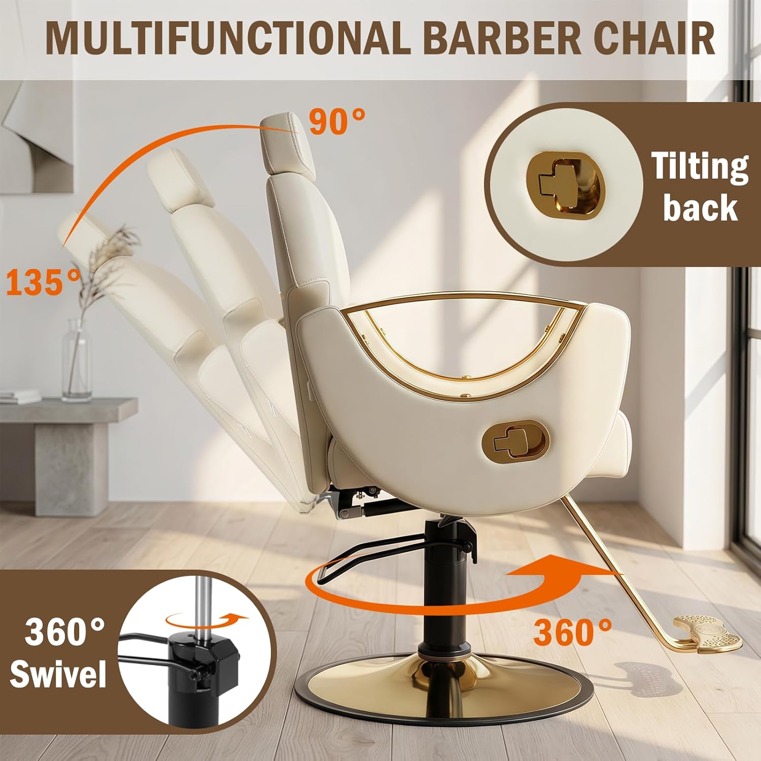 Salon Barber Chair for Hair Stylist, Reclining Salon Chairs with Heavy Duty Hydraulic Pump Multi-Function Shampoo Tattoo Beauty Salon Hairdresser Armchair for Home Beauty Barbershop, Beige