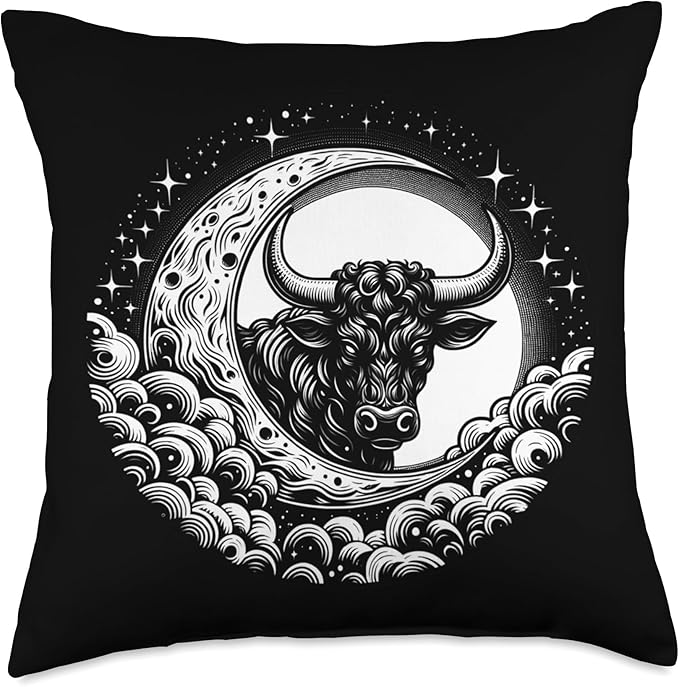 Bulls Head In Crescent Moon Astrology Taurus Sign Art Throw Pillow