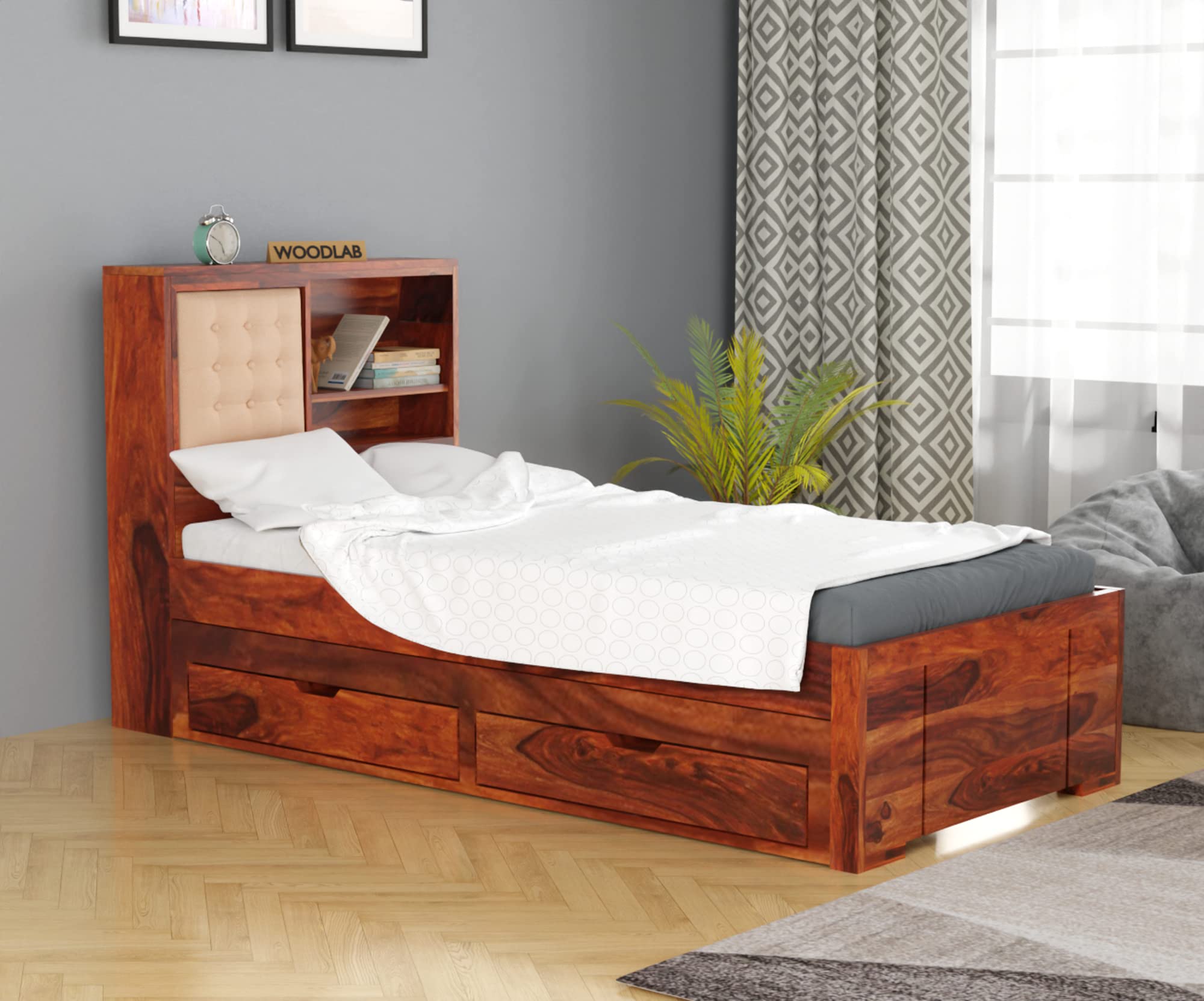 WOODLAB Sheesham Wood Single Size Bed with 2 Drawers and 1 Extra Pullout Bed Wooden Trundle Bed Furniture for Bedroom Living Room Home (Honey Finish)-image-46