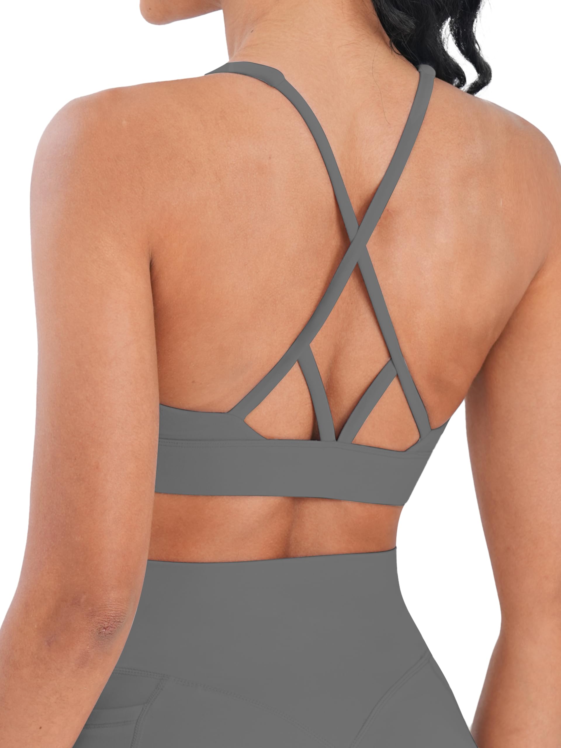 Sunzel V Neck Strappy Sports Bras for Women Criss Cross Back Halter Yoga Bra Removable Cups Padded Workout Running Gym Tops