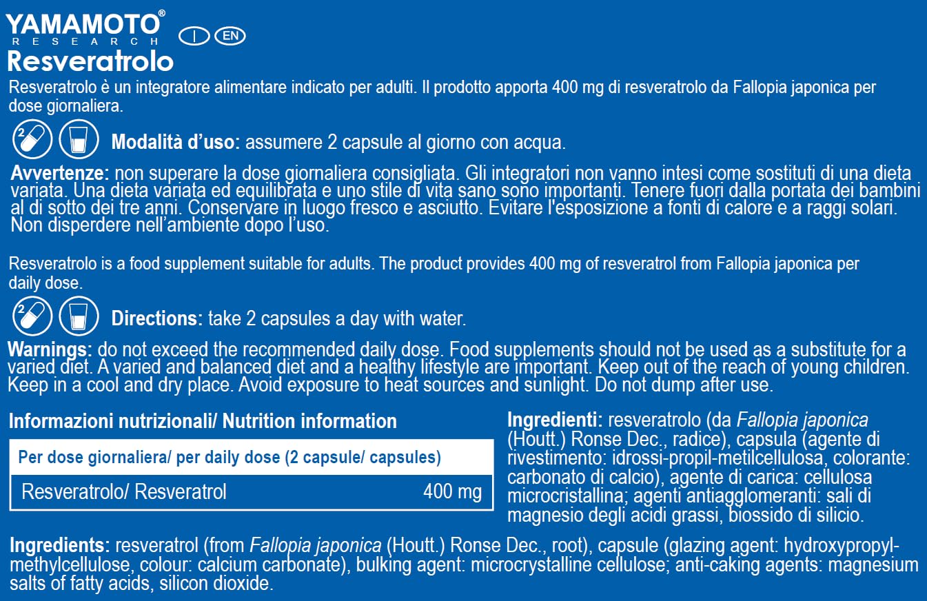 YAMAMOTO RESEARCH Resveratrolo 30 Capsule, Integratore Alimentare con Resveratrolo, Potente Antiossidante Naturale, Azione Anti-age e Anti-Invecchiamento