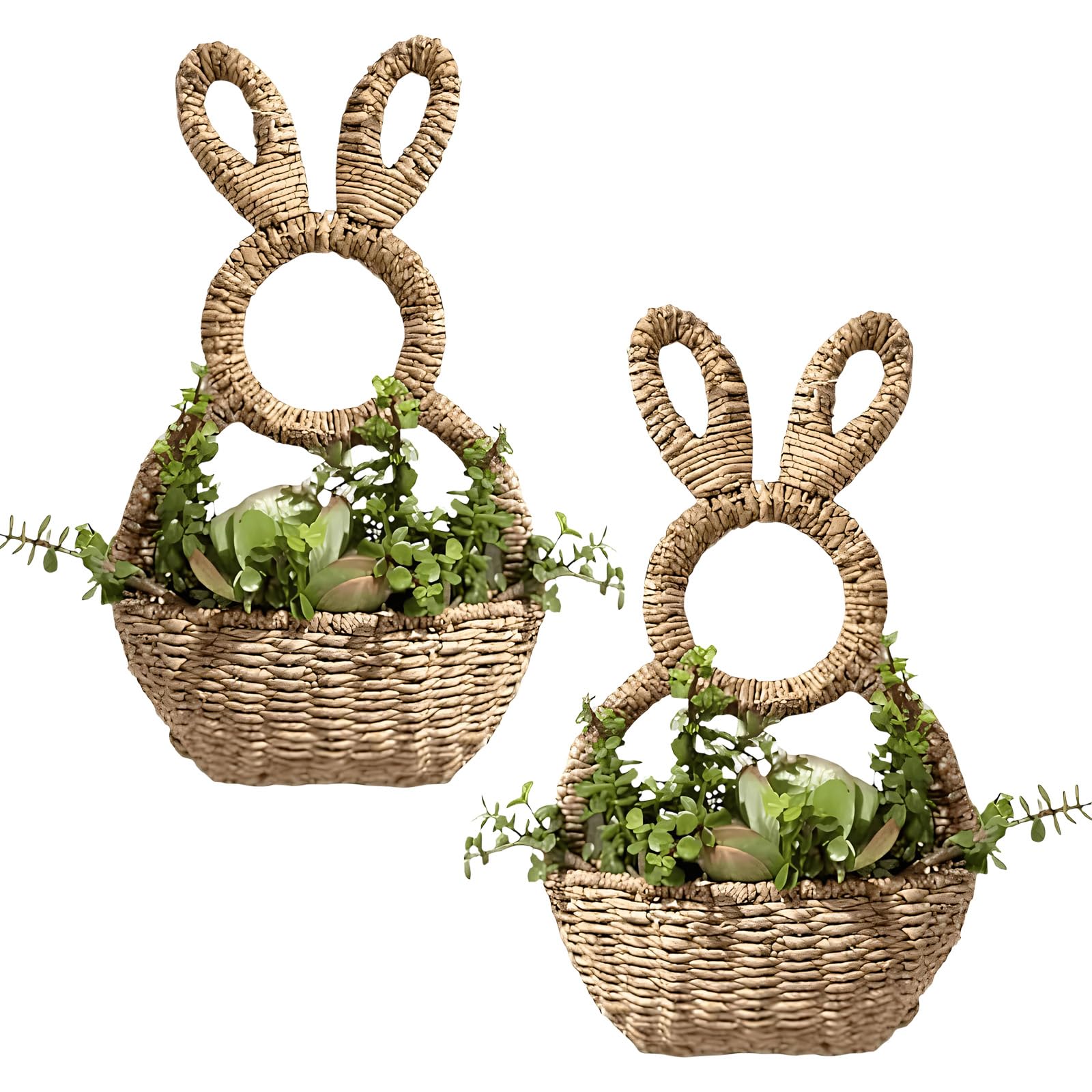 Wicker Bunnies Easter Basket, Woven Hanging Wall Pocket Easters Gift Spring Home Decors Wicker