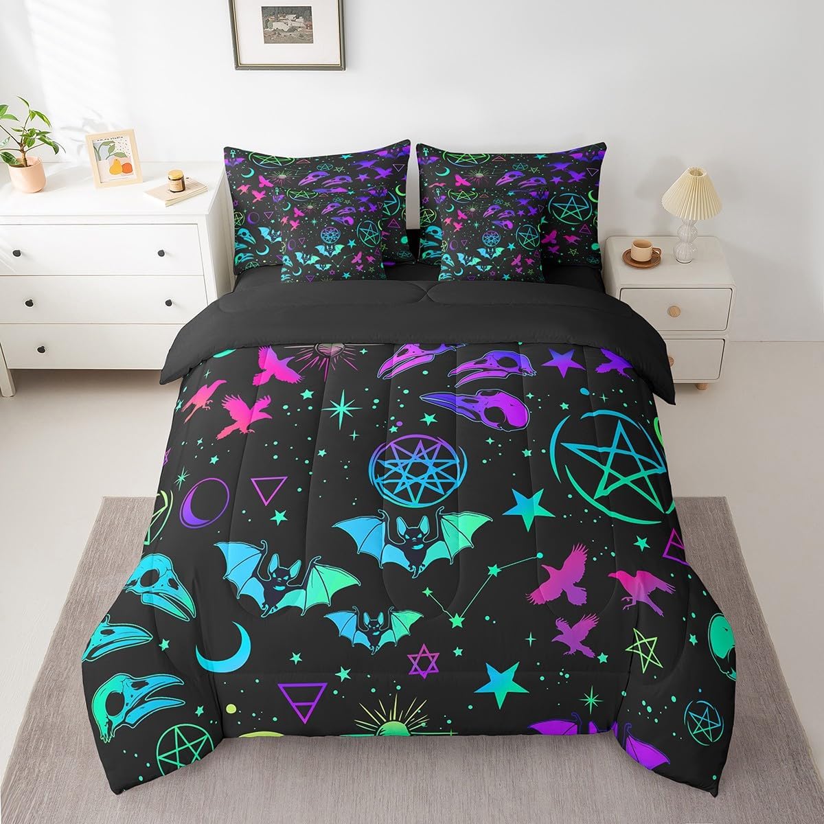 Erosebridal Galaxy Bats Bed in a Bag Queen Comforter Set 7 Piece,Exotic Constellation Bedding Sets Bohemian Star Moon Blue Purple Bird Skeleton Sheet Set with Comforter