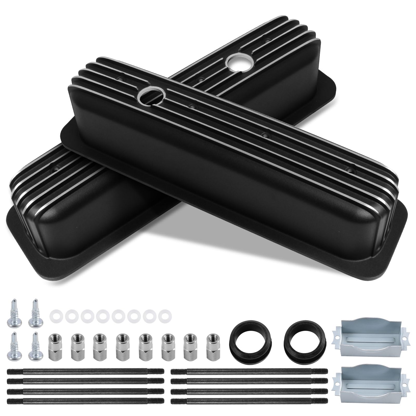 tall style aluminum finned valve covers for 1987-up chevy sbc 305-350 center bolt w/hole - black