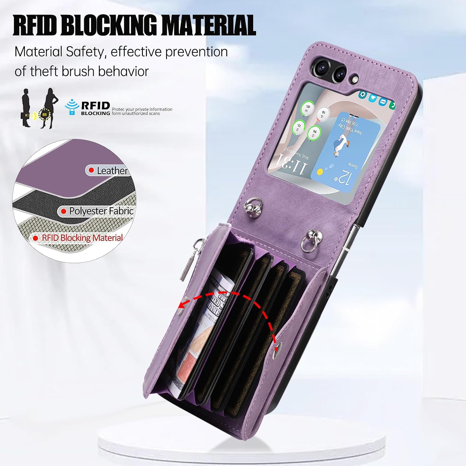 Phone Case for Samsung Galaxy Z Flip 7 5G 2025 Wallet Cover with Shoulder Crossbody Strap Lanyard Credit Slot Card Holder Stand Mobile Cell Accessories ZFlip7 Z7 G Flip7 7Z Women Men Girls Purple