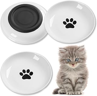 Cat Food Bowls, Whisker Friendly Ceramic Cats Bowls with Nonslip Silicone Bottom, Pack of 3 Quiet Dishes and Plates for Feeding Indoor Cats, Kittens and Small Dogs(Cat Paw,Shallower)