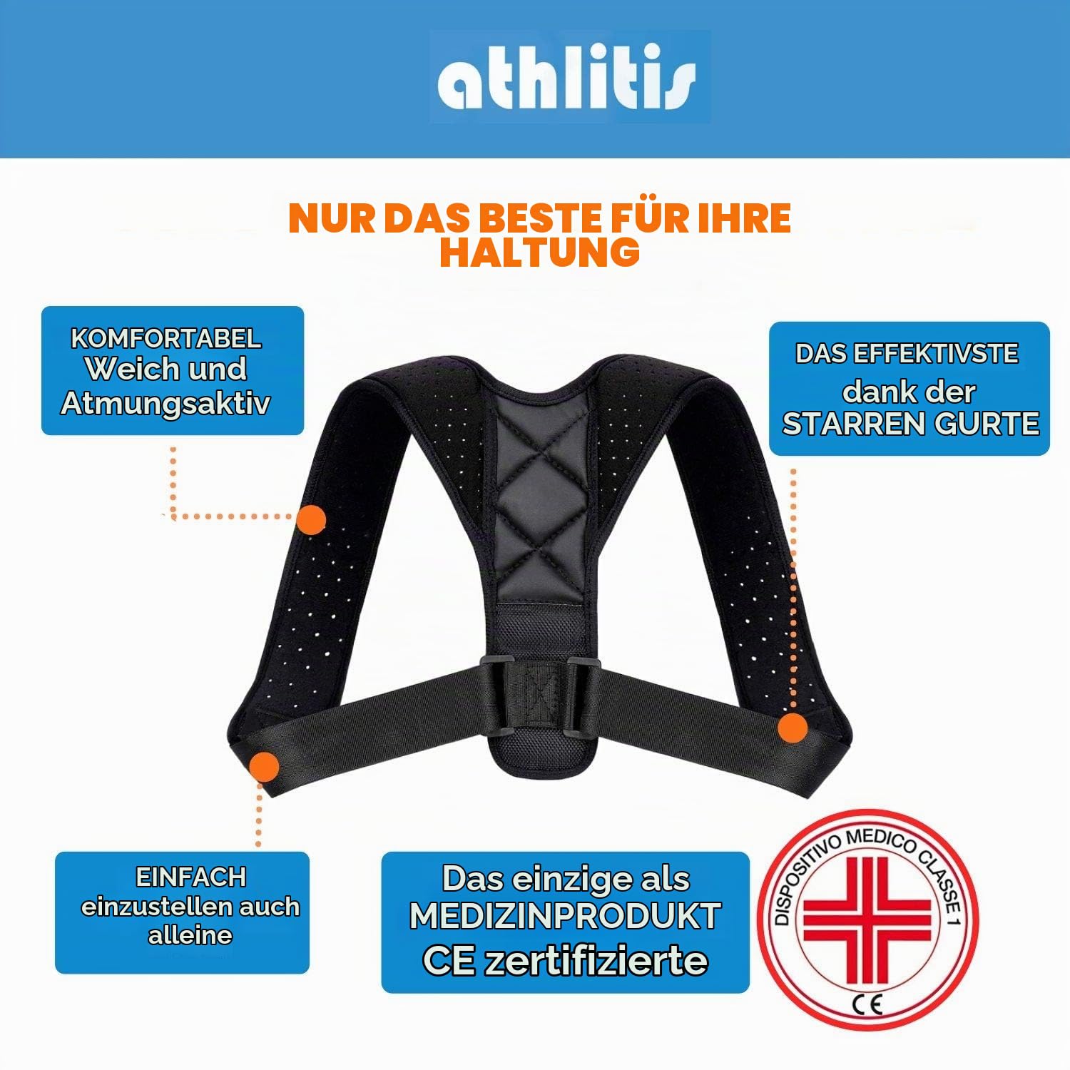 Haltungskorrektor für Damen und Herren, medizinisches CE-Produkt, Schulter- und Rückenstütze, atmungsaktiv, verstellbar, Unterstützung für geraden Rücken und Schultern, + elastisches Band und