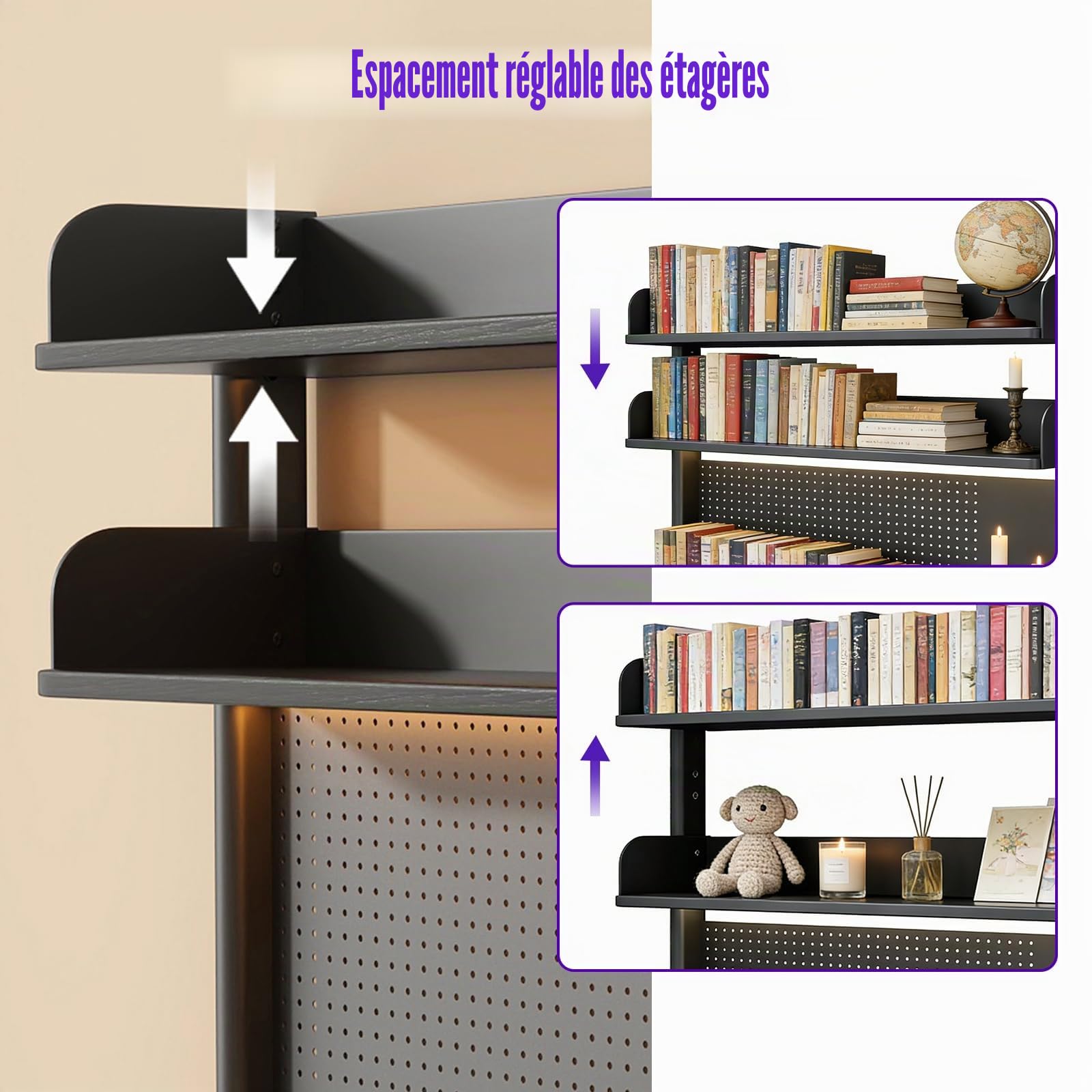 Étagère de bureau à deux niveaux avec panneau perforé, 80 cm