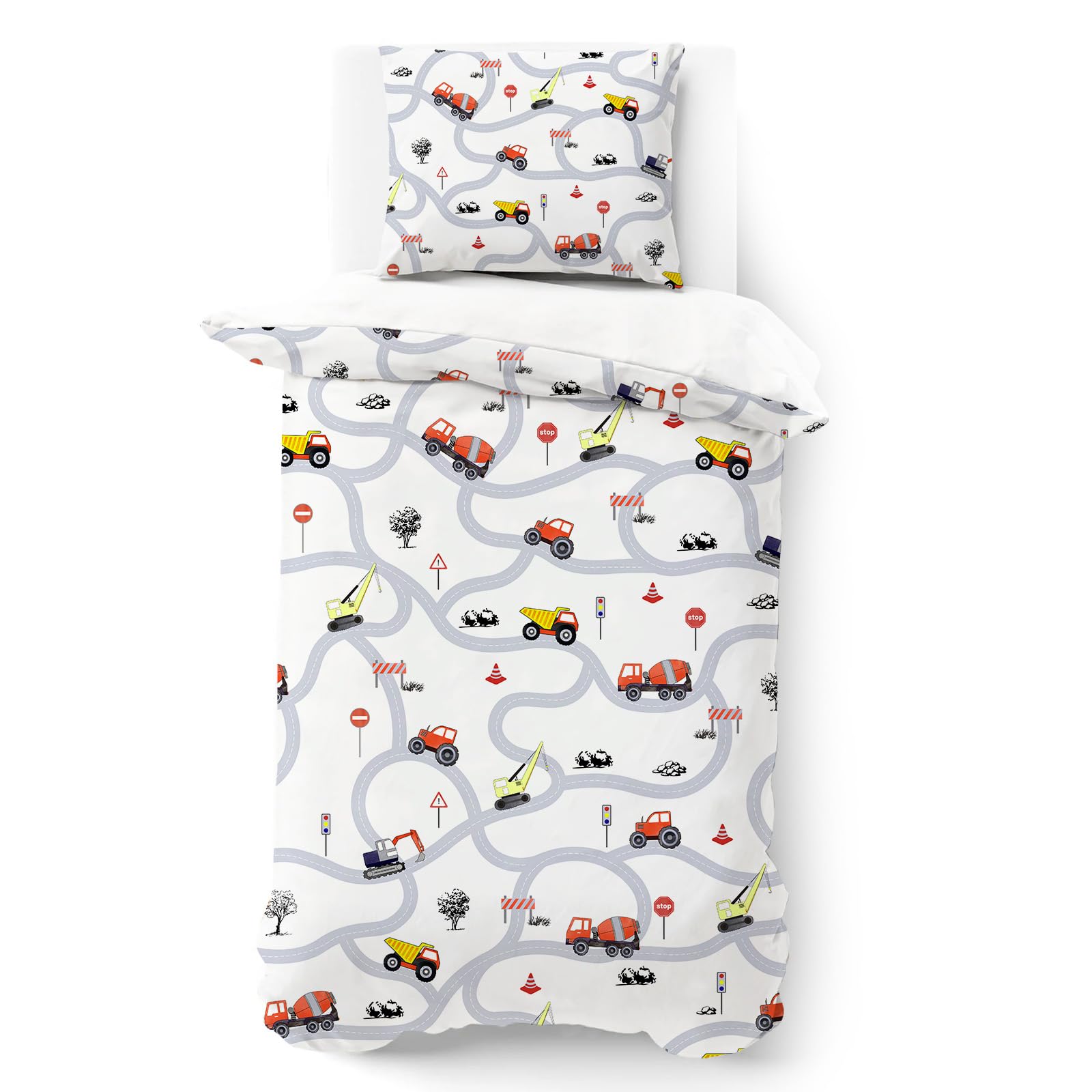 Yasida Kids Tractor Bedding Single Digger Duvet Cover Set including Traffic Signs And Roads For Teenage Boys Single Microfibre Duvet Cover 135x200 & 1 Pillowcase 50x75 Car Bedding White & Grey - Image 3