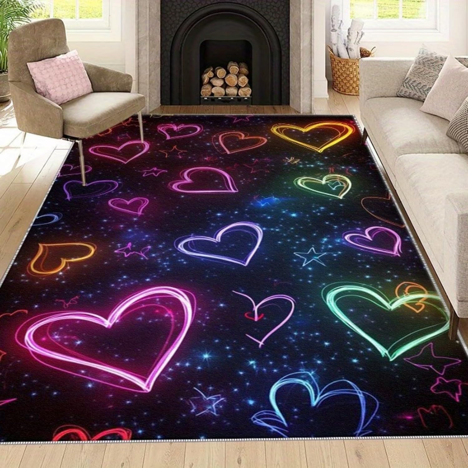 RICAUOU 3D Neon Heart Area Rug for Living Room, 60x90cm Glow Love Heart Galaxy Starry Sky Carpet, Large Non-Slip Washable Indoor Floor Mats, Colourful Gaming Bedroom Rugs for Teens Girls Boys