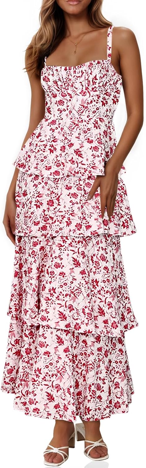 Wenrine Womens Summer Floral Maxi Dresses Sleeveless Spaghetti Strap Tie Back Ruffle Tiered Flowy Dresses
