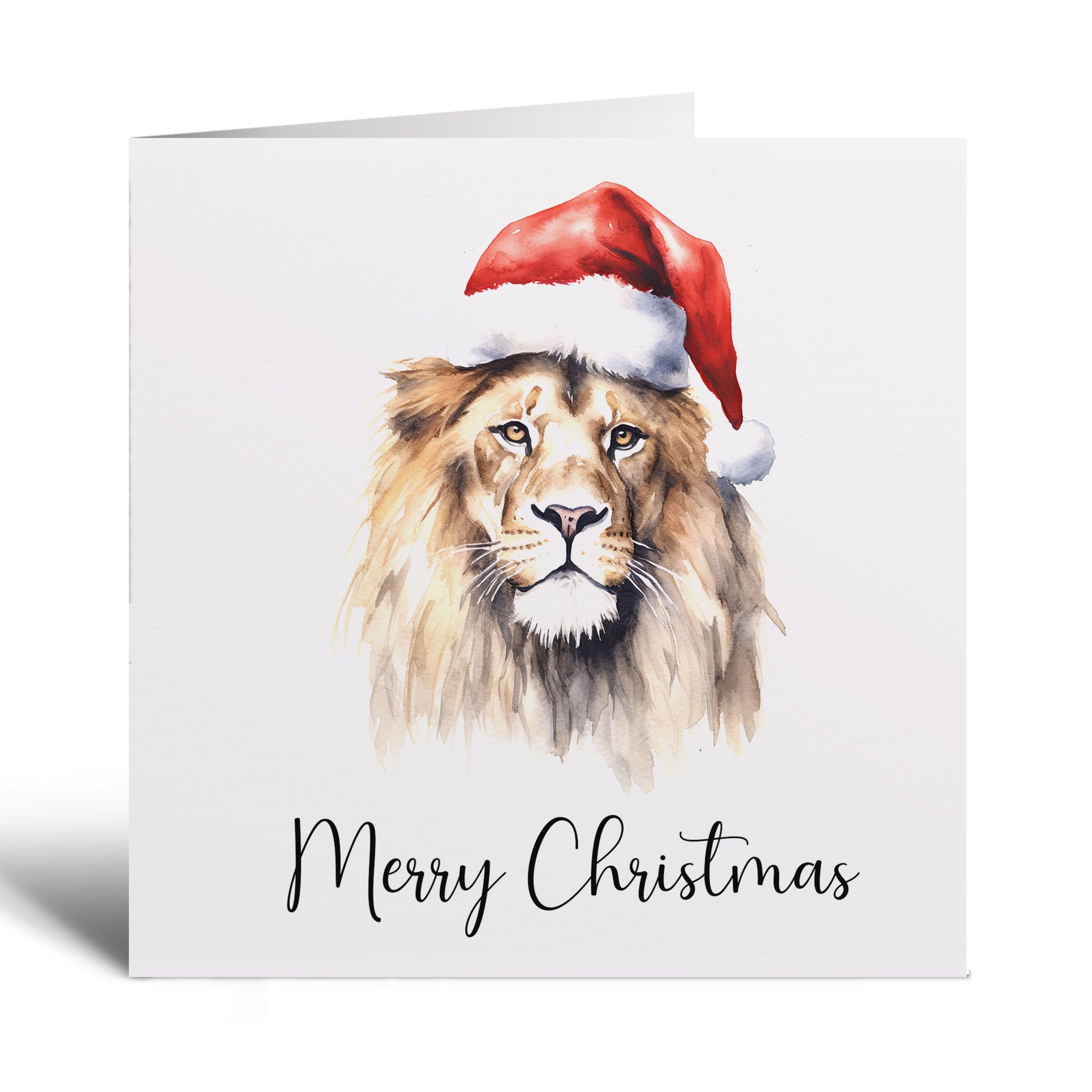 Postcard Prints - Fun Christmas Card Lion Santa Hat - Whimsical Watercolour Xmas Card for Animal Lovers - Square 5.5 Inch - Matte Finish - 2 Cards