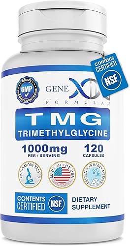 Genex Formulas Suplemento TMG de 1000 mg (120 cápsulas)  Certificado NSF para seguridad, calidad y precisión de etiquetado  Betaína anhidra