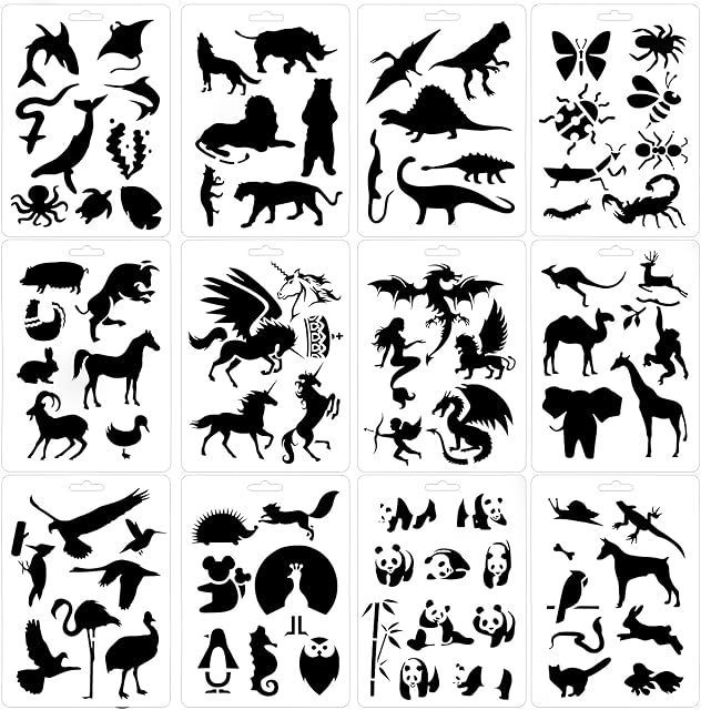 Qpout 12Pack Animal Stencils Templates for Kids, 7x5 inch Reusable Plastic Animal Painting Stencils for Children's Notebook Journal Scrapbooking On Wood Birthday Party Favor Card Crafts Decoration