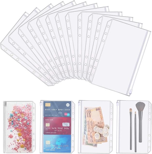 Aohcae A6 Binder Pockets 6 Holes, 16 Pcs Cash Envelopes PVC Zipper Folders Zipper Waterproof Loose Leaf Bags for Cash Cards Bill Money Saving Binder Fit A6 Budget Binder Notebook