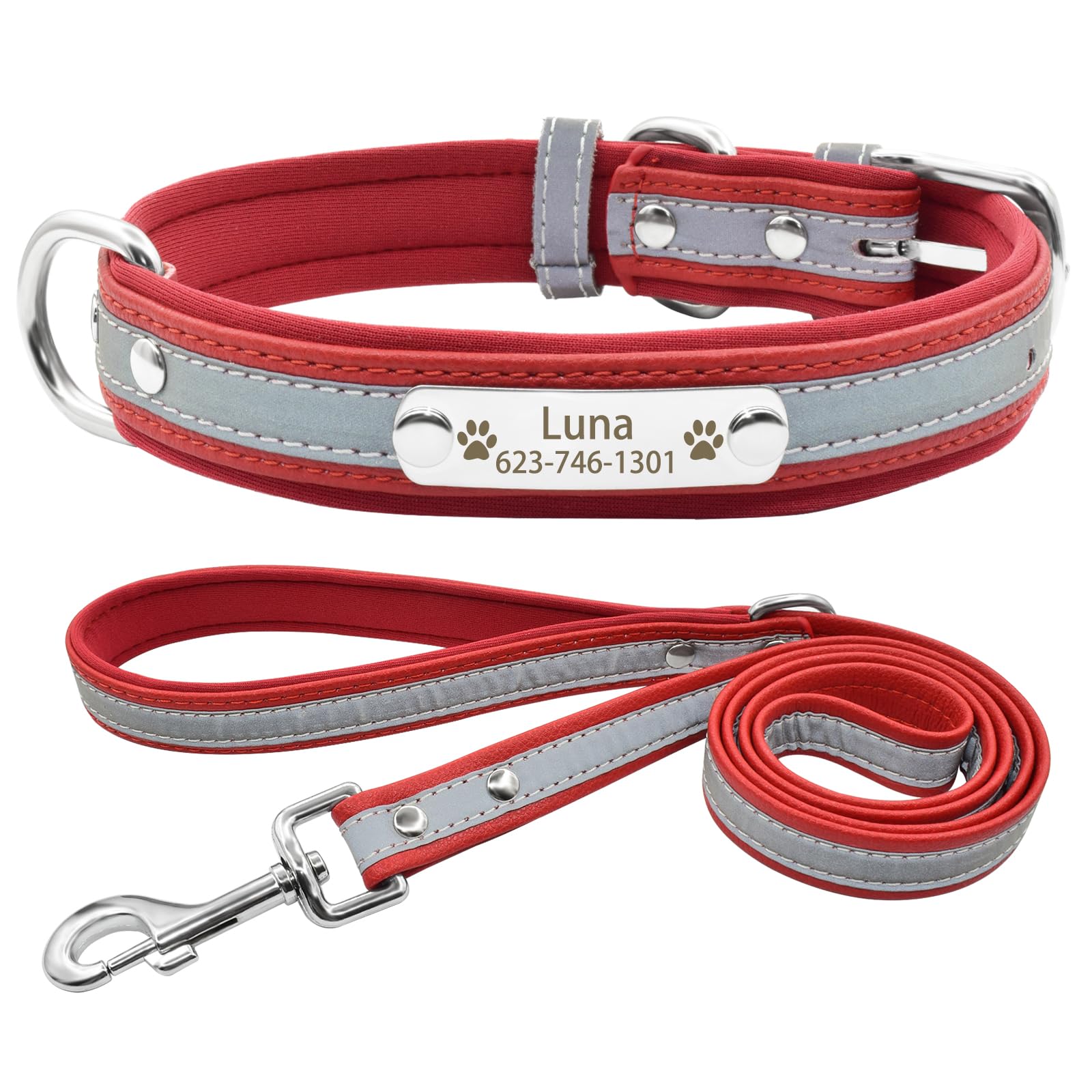Senristar Personalised Neoprene Padded Reflective Dog Collar and Leash Set,Custom Engraved Dog Collar with Name Plate for Small Medium Large Dogs (M,Red Set)