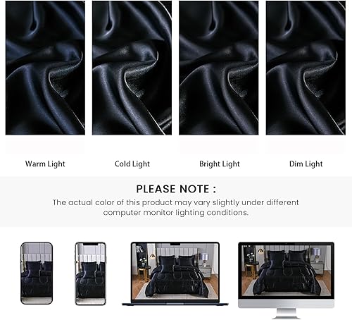 Miniatura 6 de Juego de edredón sedoso negro de satén tamaño King en una bolsa, 8 piezas de ropa de cama sedosa de hotel de lujo con 1 edredón, 1 sábana encimera,