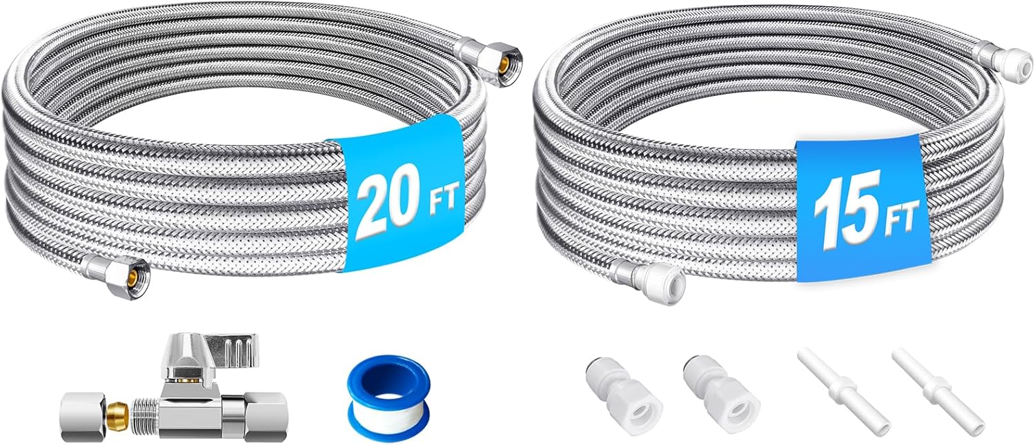 Refrigerator Water Line Kit - 20FT Stainless Steel Ice Maker Water Line with Brass Ball Valve + 15FT Stainless Steel RO Water Tubing with 1/4"x1/4"Quick Fitting