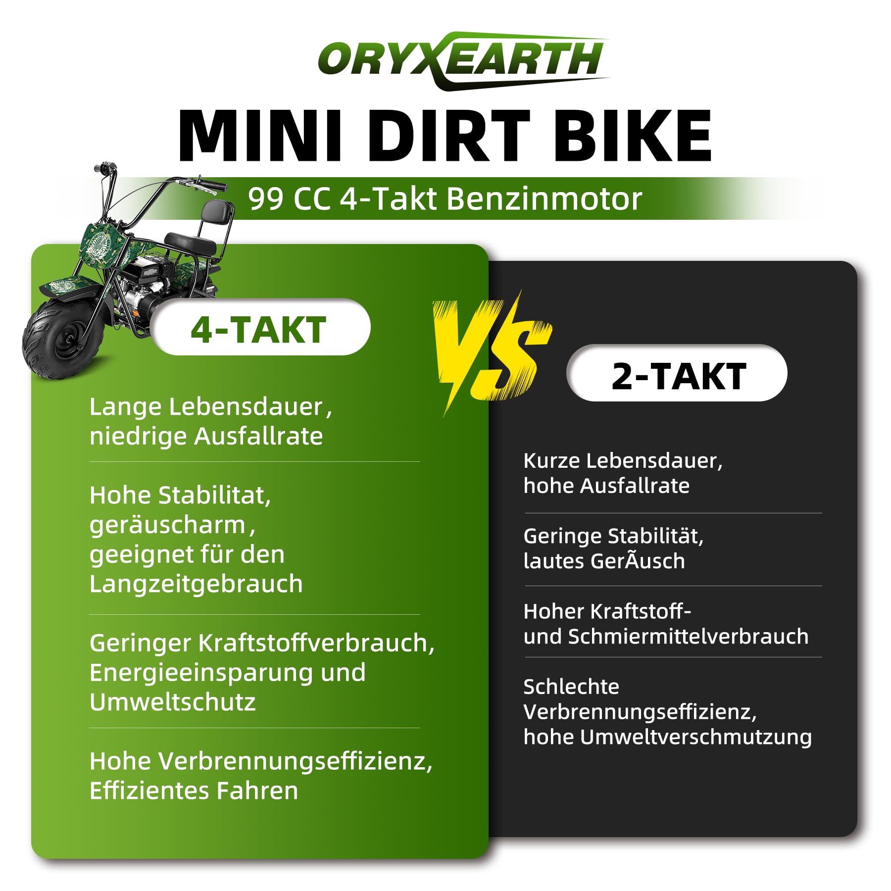 Oryxearth 99CC 4-Tempi Dirt Bike Pocket Bike, Moto da Cross per Bambini Benzina, Ruota Offroad a Larghezza, Moto da Cross per Bambini, Moto da Motocross, Adesivi Fai-da-Te Mini Moto dai 13 Anni (Verde