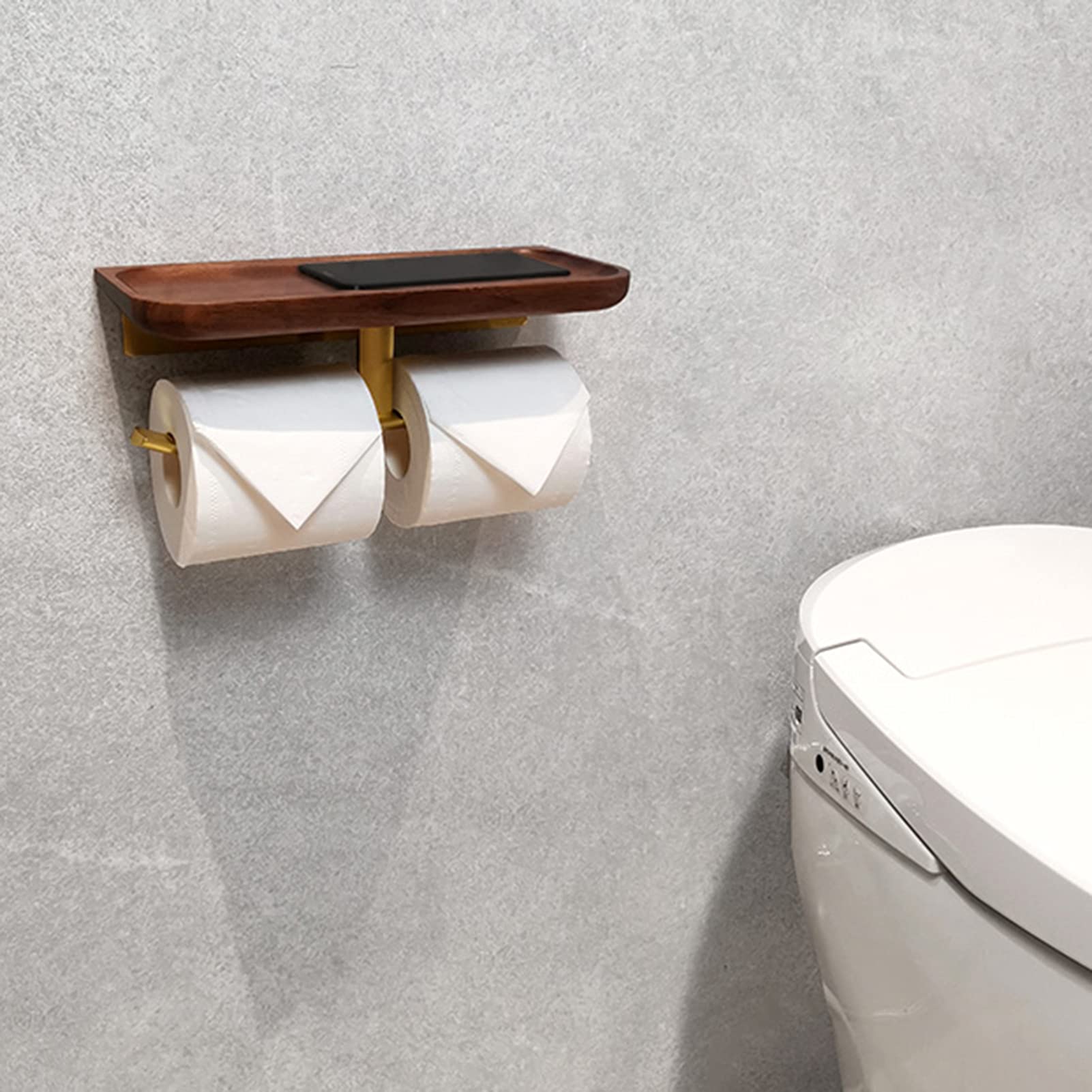 LIU- Portarrollos Doble con Estante De Madera para Guardar Teléfonos Móviles Y Papel Higiénico De Repuesto, para Lavabo De Cocina Y Baño(Color:Dorado)