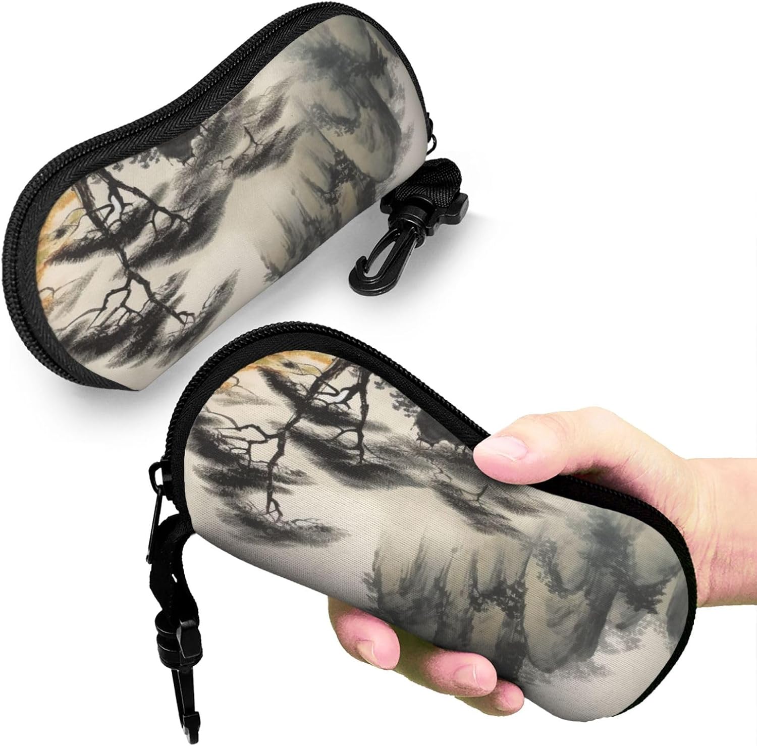 Chinese Landscape Painting Sunglasses Case, Ultra Light Neoprene Eyeglass Case for Men Women, Hard Shell Shockproof Sport Glasses Case with Carabiner Travel Zipper Eyeglasses Holder