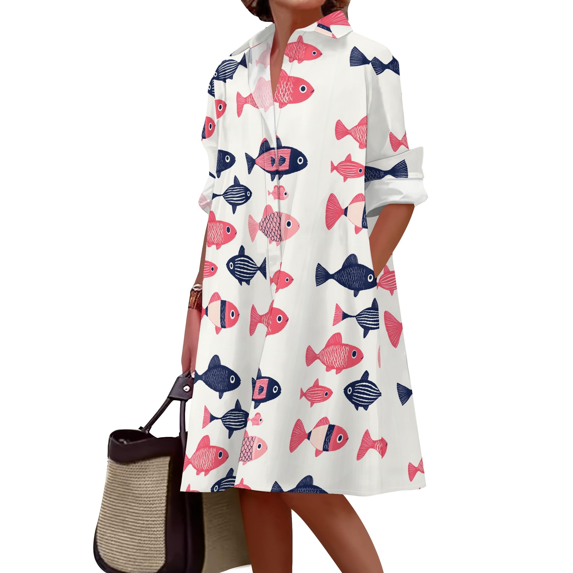 BIVENANT Womens Ocean Print Button Down Dress Plus Size Linen Elegant Maxi Dress Cotton Long Lapel Shirtdress 2025 Swing