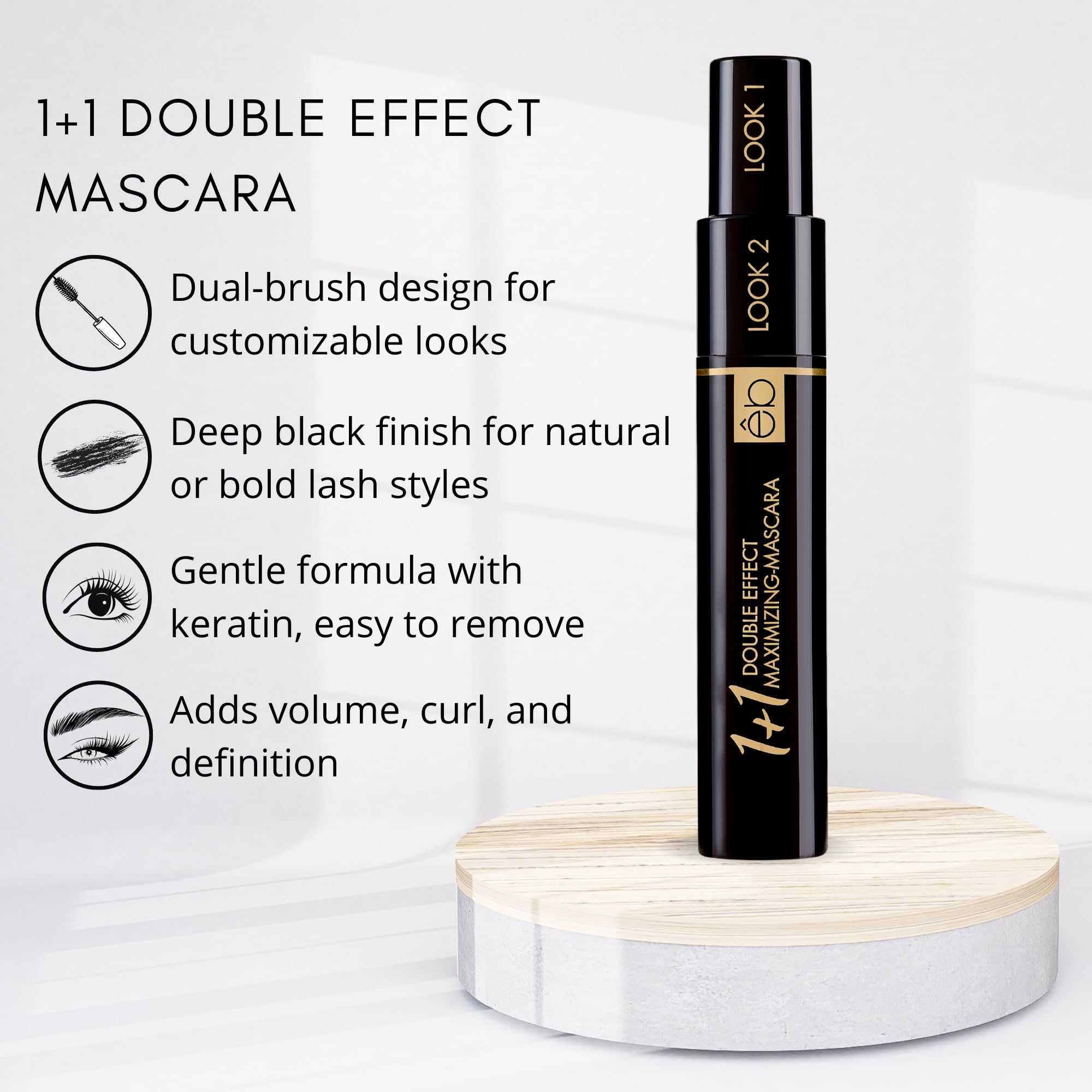1 + 1 Double Effect Maximizing Mascara; être belle Cosmetics; pielęgnacja rzęs + intensywne kolorowanie; naturalnie subtelny do intensywnie efektownego