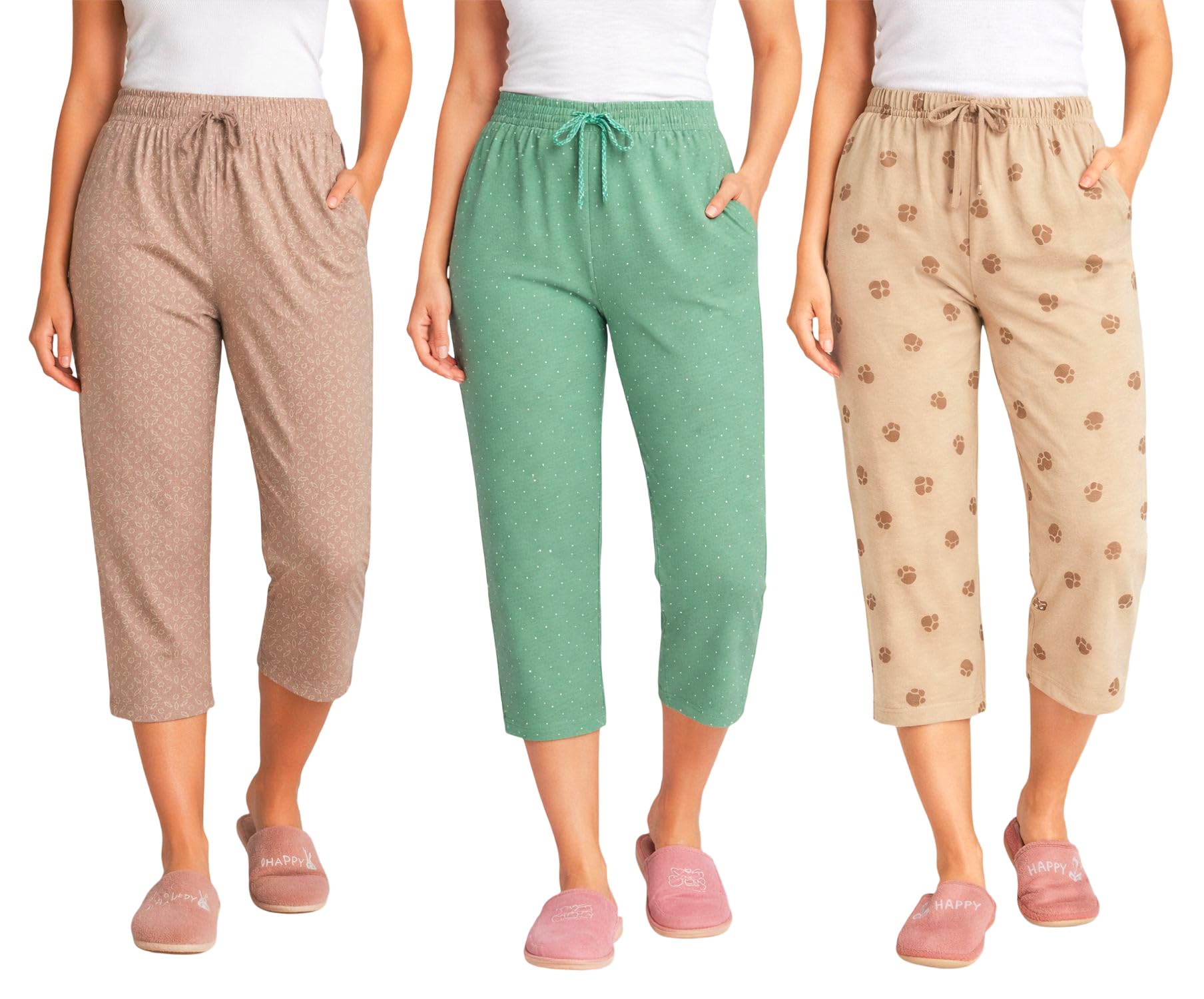 Women’s Printed Cotton Capri Pants Pack of 3 for Women with Pocket | Soft Comfortable Stretchable Daily Wear Lounge Capri Bottomwear Set (BROWN-GREEN-BEIGE, M)-picture-43