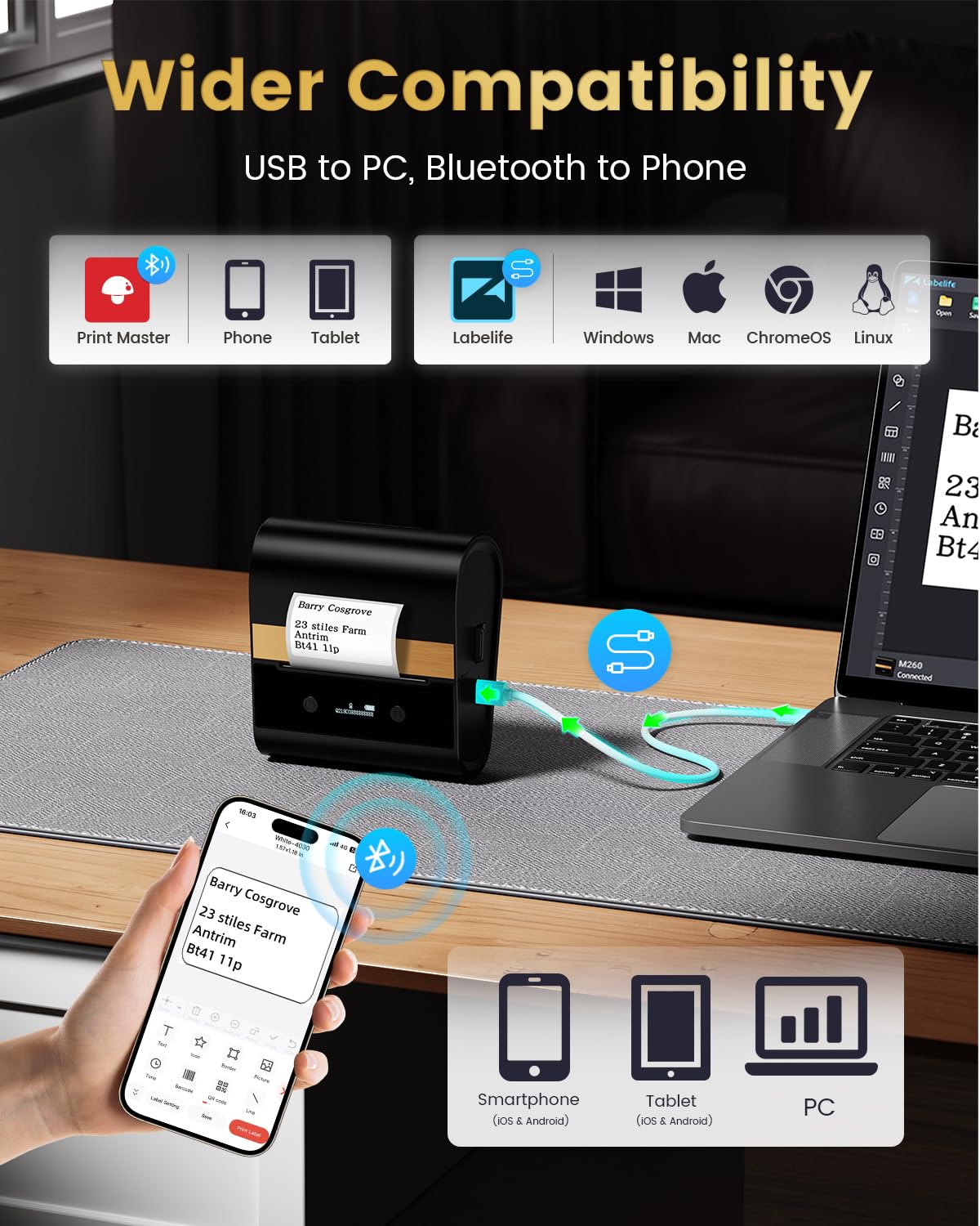 Drukarka etykiet, termiczna drukarka etykiet Memoking M260 3-calowa bezinwazyjna drukarka etykiet Bluetooth kompatybilna ze smartfonem i komputerem, dla małych firm, sklepów, domu, wysyłki