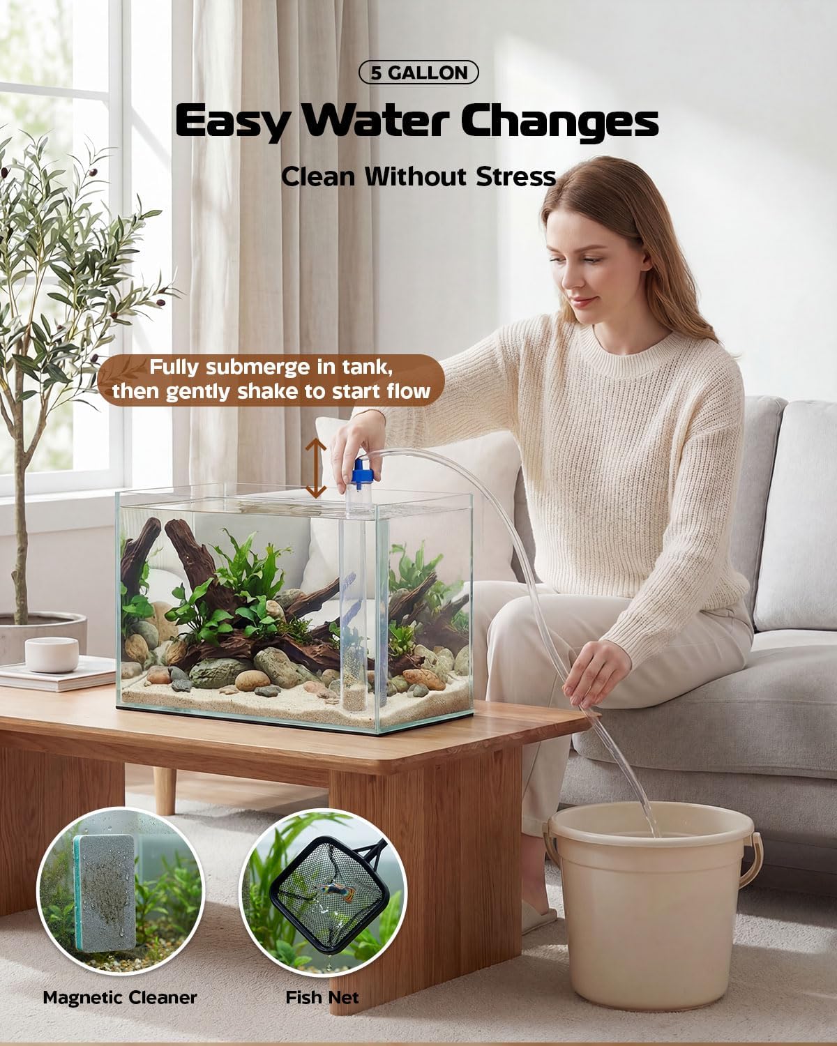 Glass Fish Tank Kit, 5 Gallon Betta Fish Tank Aquarium Starter Kit with Filter, Lights, Lid, for Betta, Goldfish, Small Fish or shrimg，Clear