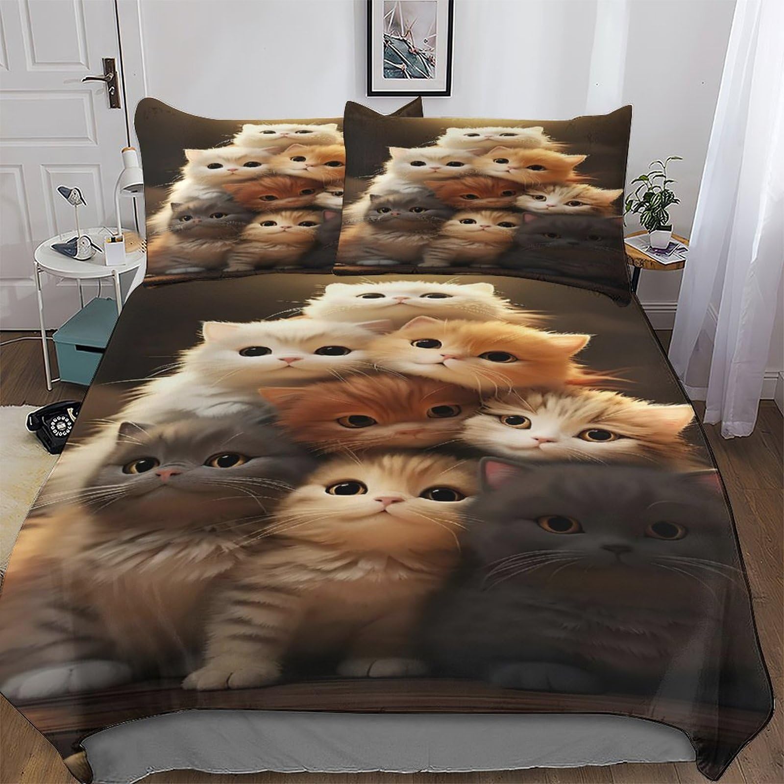 Housse de couette chat 220x240 cm avec 2 taies d'oreiller en microfibre pour lit double king size