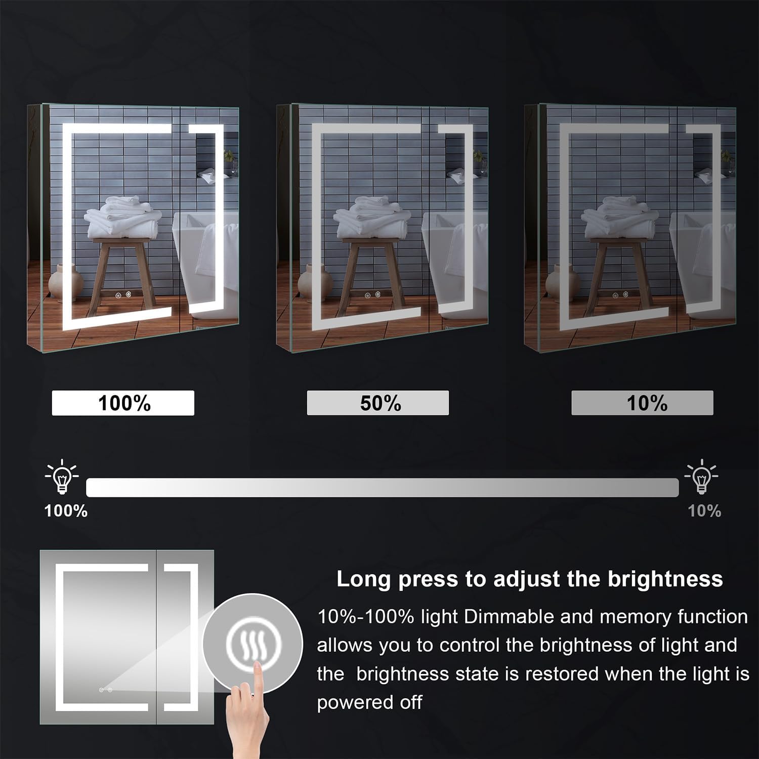 Illustration showing 100%, 50%, and 10% brightness levels of the LED mirror and how to adjust them