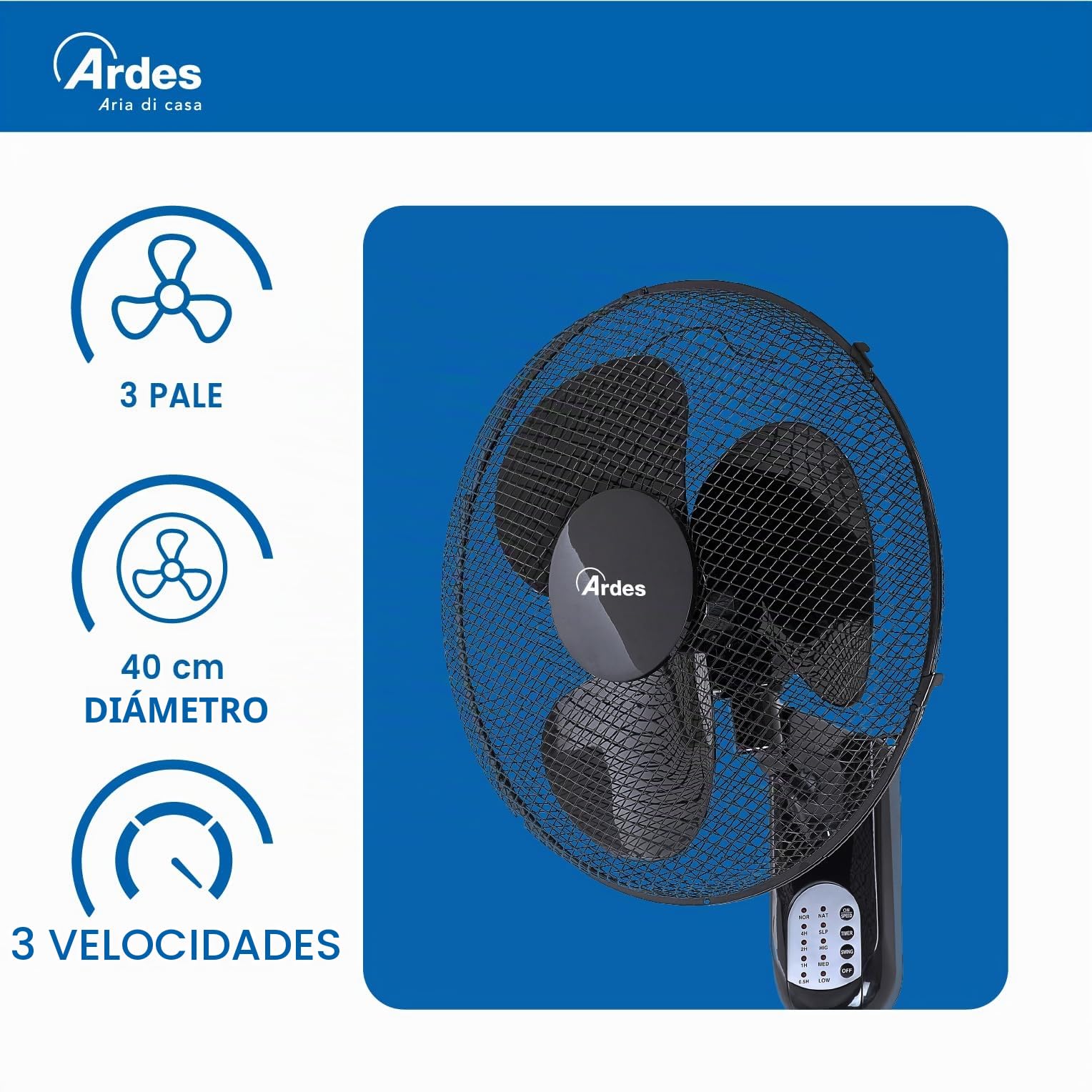 ARDES Ventilador de Pared con 3 Aspas Rotatorias de 40cm Telemando a Distancia Oscilación Automática Temporizador Regulable y 3 Velocidades de Diseño Elegante Ventilador de Pared Negro AR5W40R