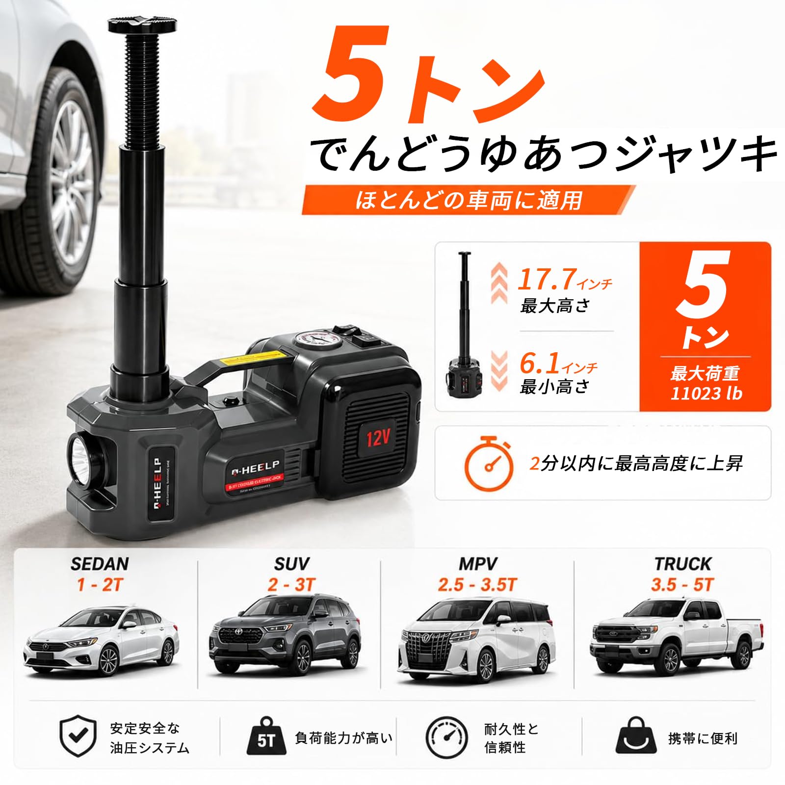 Amazon.co.jp: NthPOWER 電動ジャッキ 5T 12V インフレーター付き 6.1