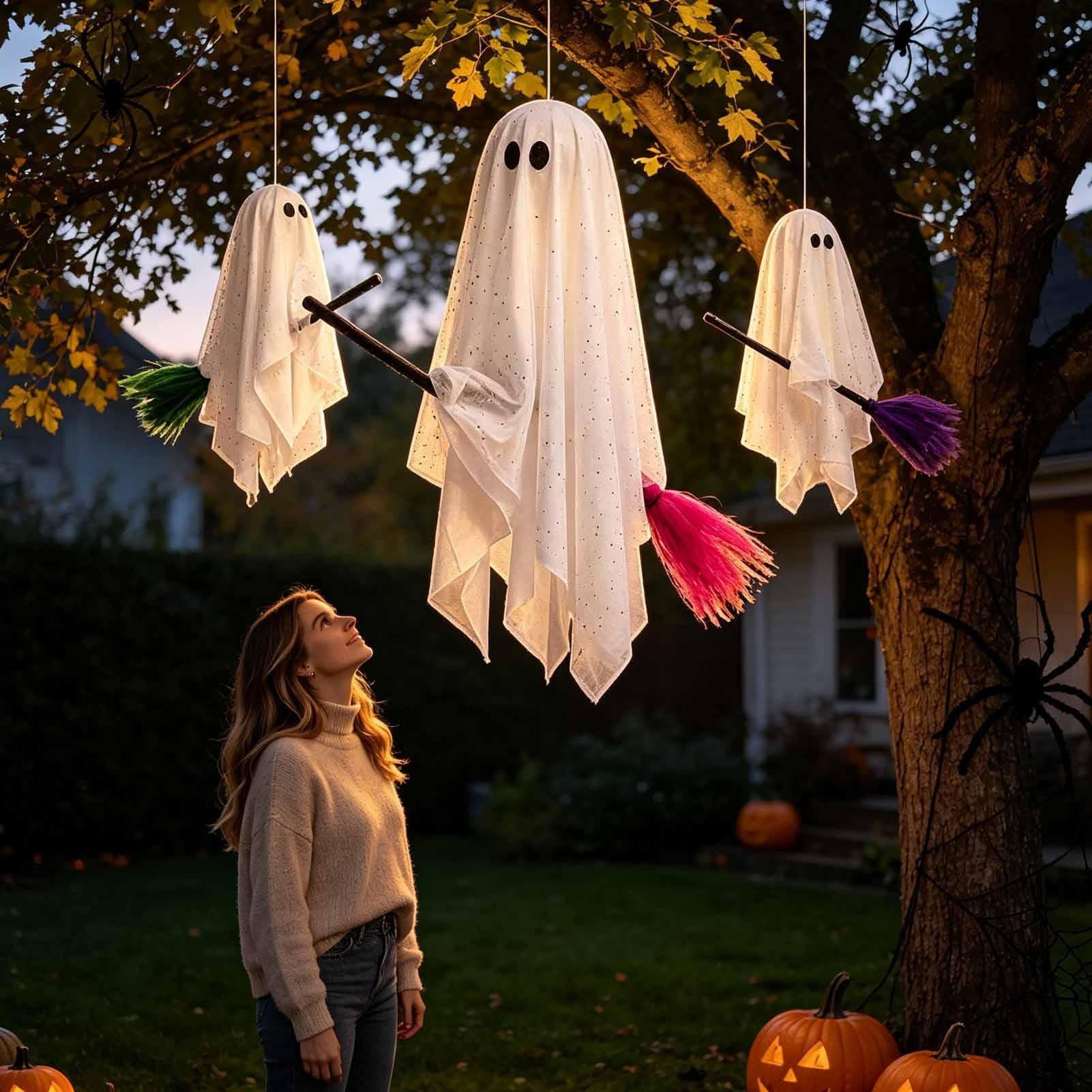 Halloween Schwingender Geist 3-teiliges beleuchtetes Spuk-Set mit Besen | Halloween Gartendekorationen für Garten, Rasen, , Vorderfenster, Zuhause, Büro, Party, Schule, Balkon und