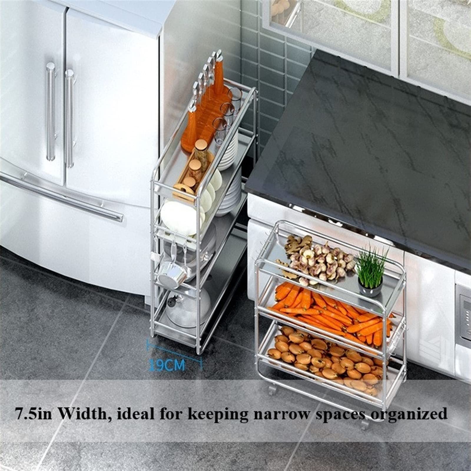 Carro de Almacenamiento de Acero Inoxidable, Carro de Servicio con Estante rodante de 3 Niveles for baño de Cocina de Almacenamiento Estrecho